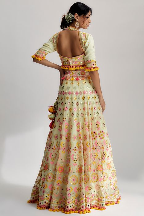 A model showcasing Mint Aneha Mela Lehenga Set by Gopi Vaid from Gopi Vaid's collection