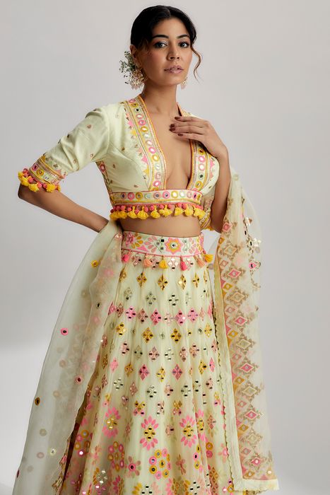 A model showcasing Mint Aneha Mela Lehenga Set by Gopi Vaid from Gopi Vaid's collection