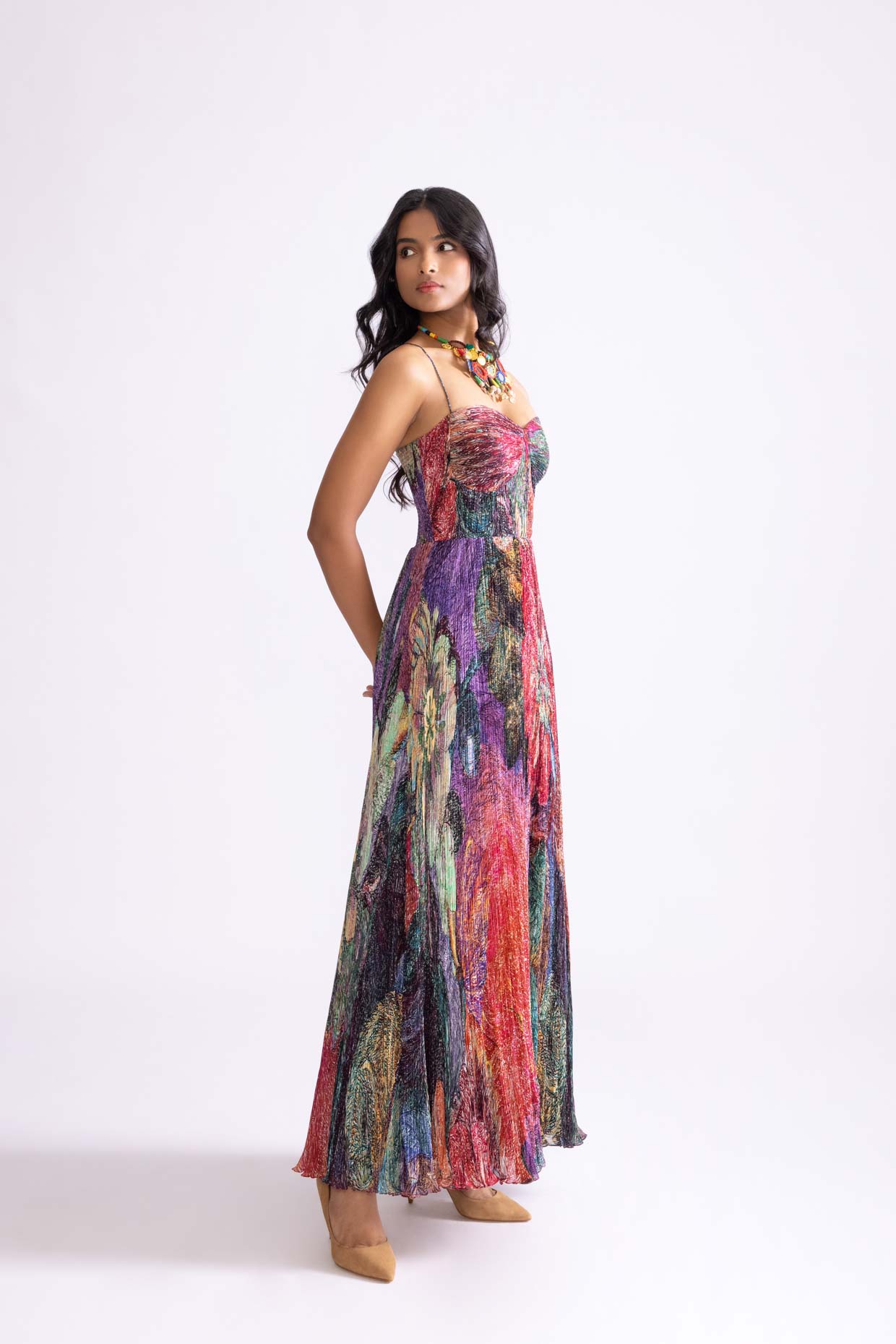 A model showcasing Kiara Dress Daisy Printed Maxi Dress by Saaksha And Kinni from Saaksha And Kinni's collection