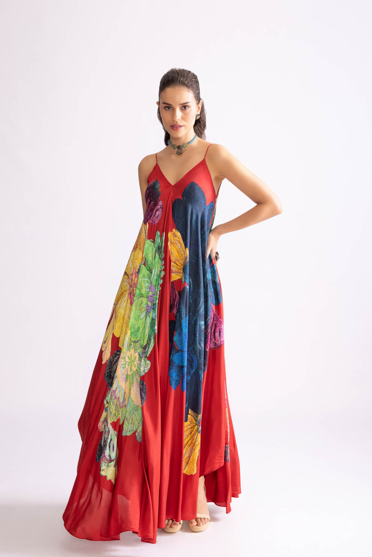 A model showcasing Yazmine Dress Daisy Print Asymmetric Dress Feature image by Saaksha And Kinni from Saaksha And Kinni's collection