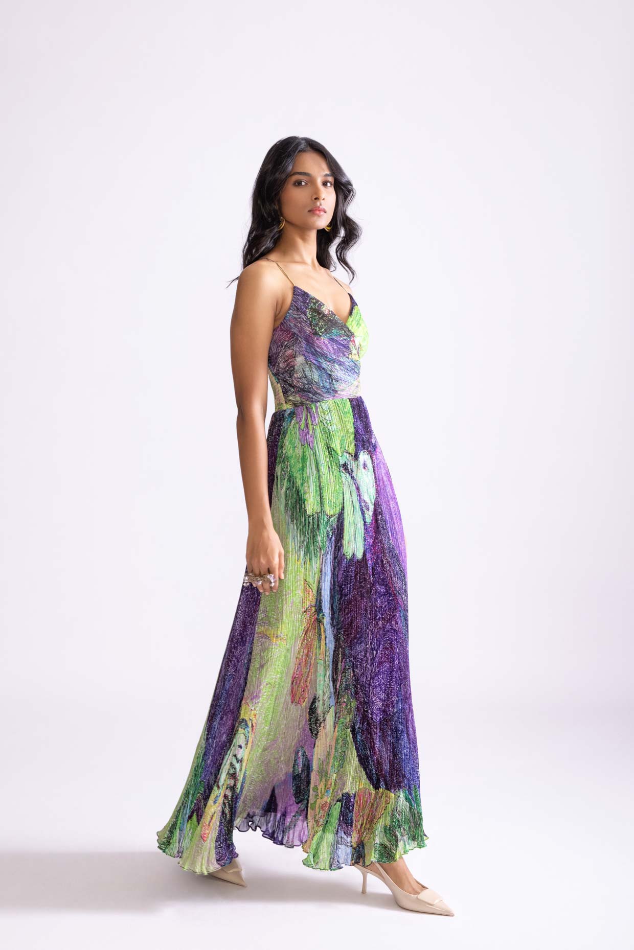 A model showcasing Harlow Dress Daisy Print Maxi Dress by Saaksha And Kinni from Saaksha And Kinni's collection