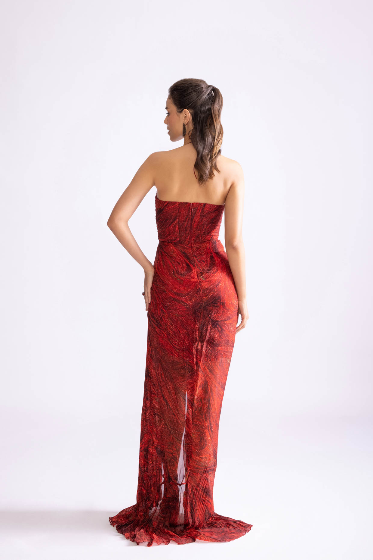 A model showcasing Remi Dress Wave Printed Maxi Dress by Saaksha And Kinni from Saaksha And Kinni's collection