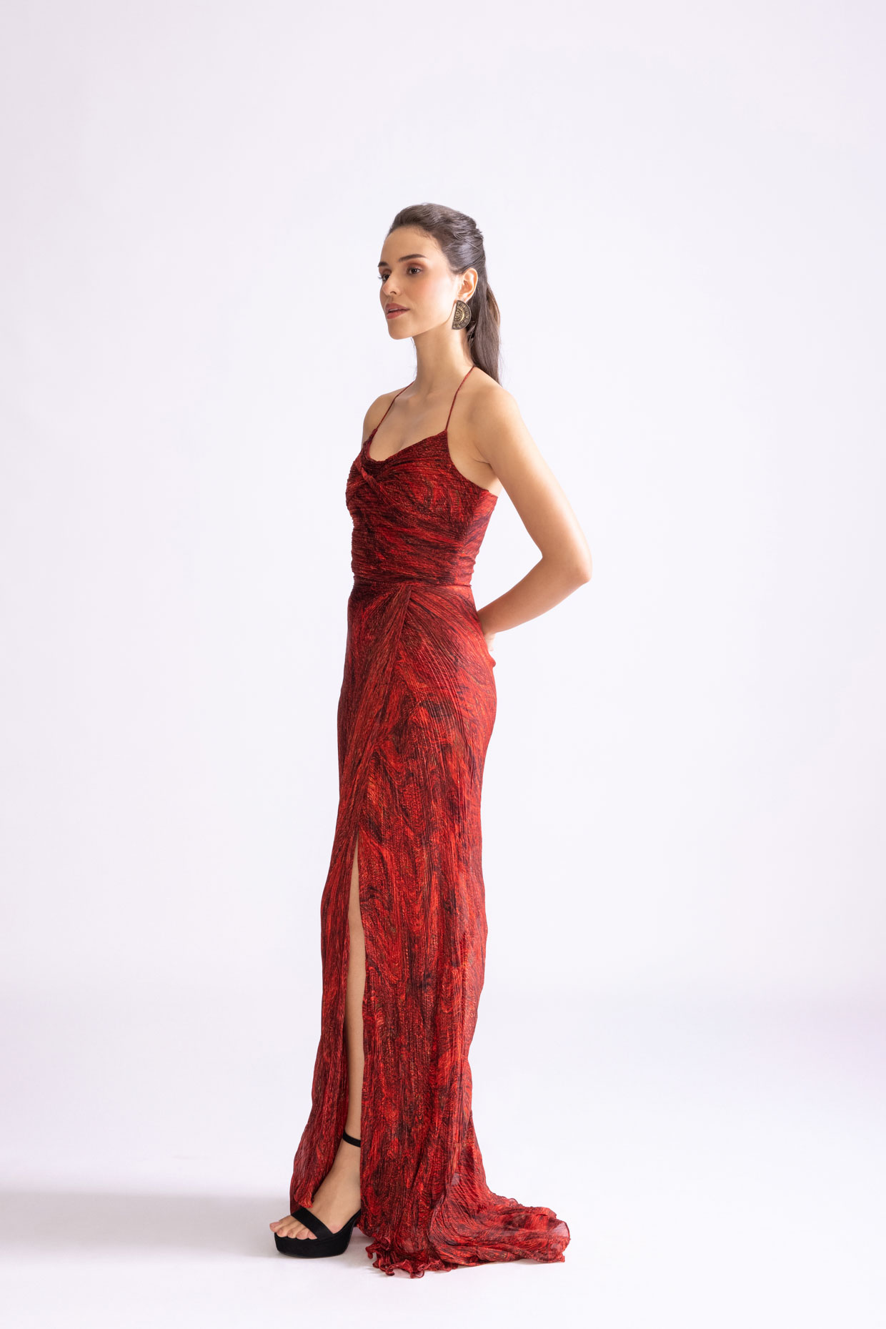 A model showcasing Remi Dress Wave Printed Maxi Dress by Saaksha And Kinni from Saaksha And Kinni's collection