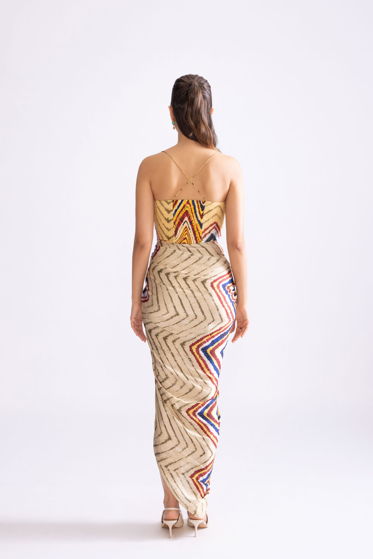 A model showcasing Aura Dress Printed Hand Draped Dress by Saaksha And Kinni from Saaksha And Kinni's collection