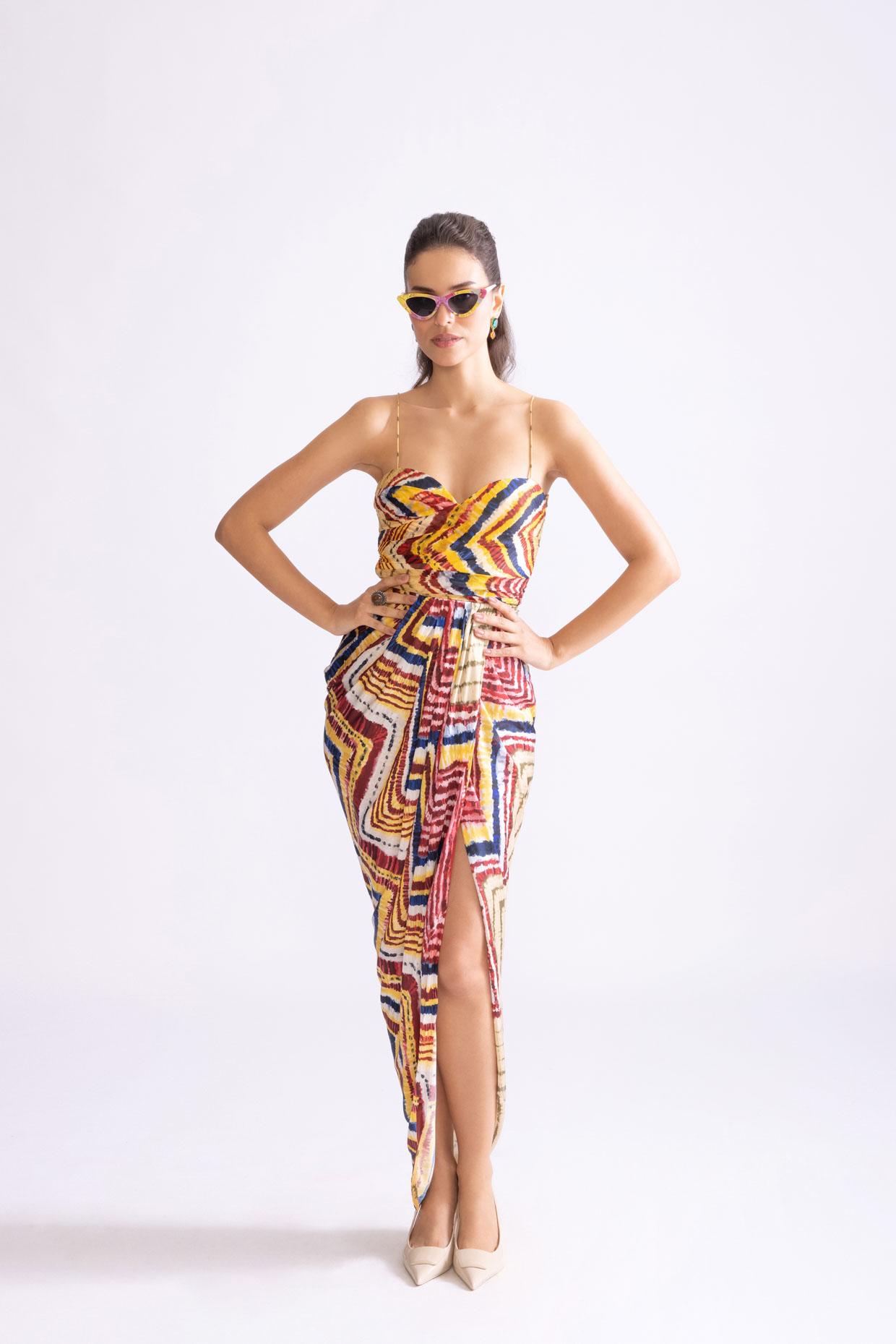 A model showcasing Aura Dress Printed Hand Draped Dress Feature image by Saaksha And Kinni from Saaksha And Kinni's collection