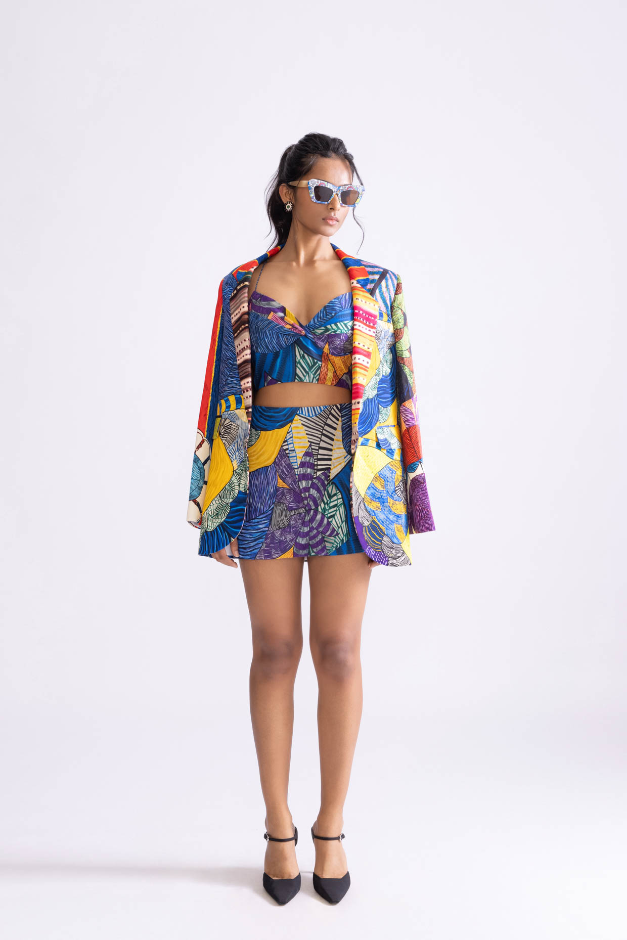 A model showcasing Evie Blazer Tribal Print Blazer by Saaksha And Kinni from Saaksha And Kinni's collection