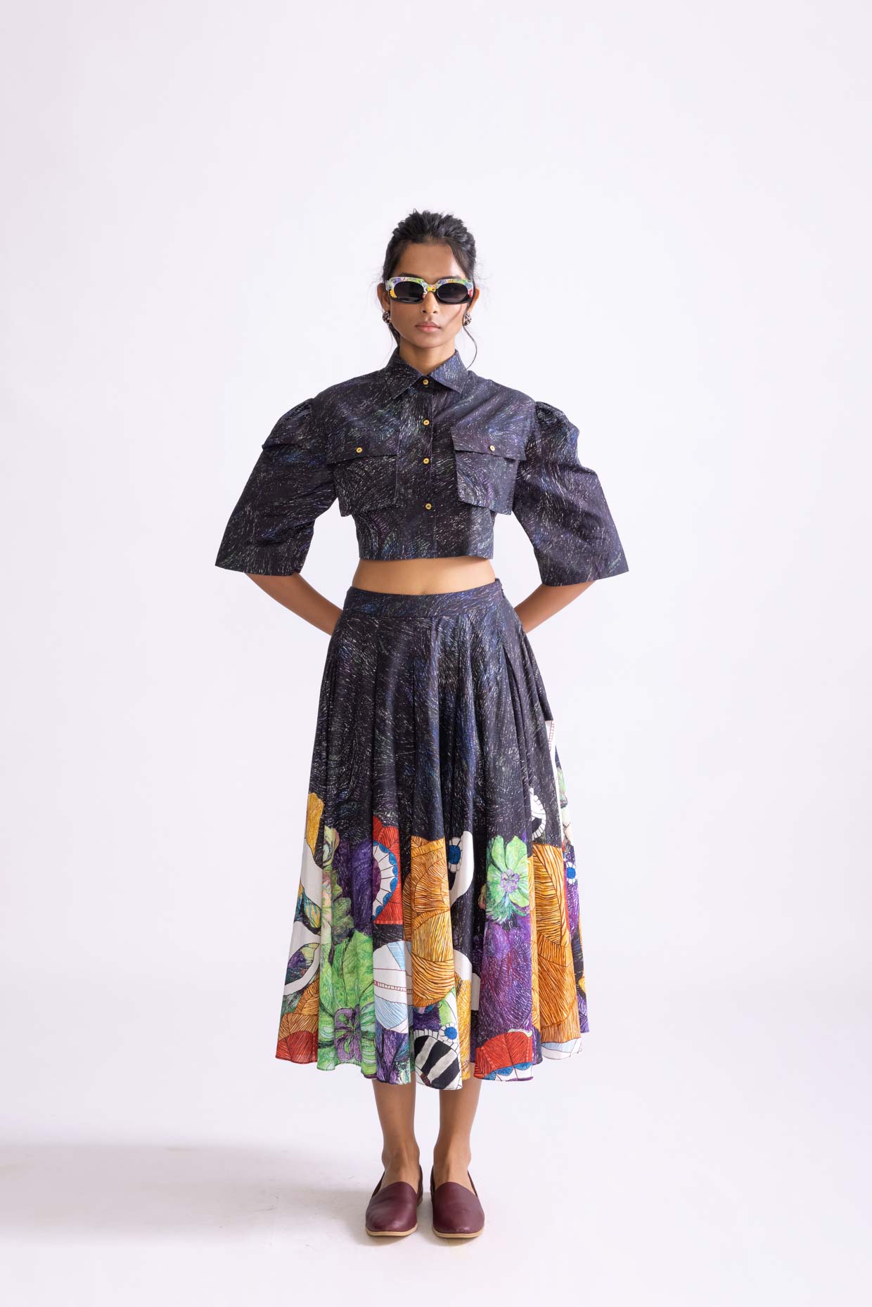 A model showcasing Nikki Shirt Wave Print Cropped Shirt Feature image by Saaksha And Kinni from Saaksha And Kinni's collection