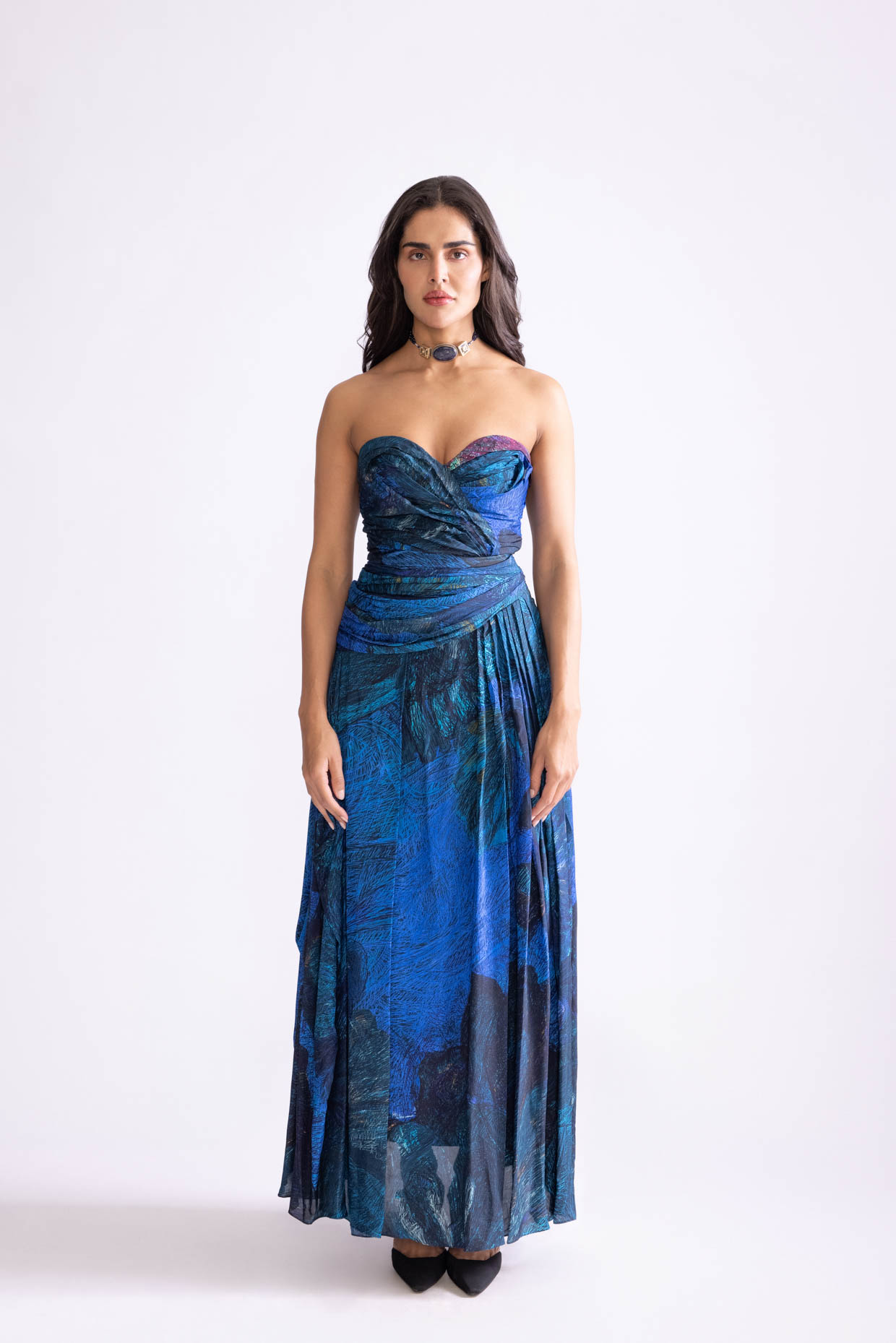 A model showcasing Mila Dress Daisy Print Strapless Dress by Saaksha And Kinni from Saaksha And Kinni's collection