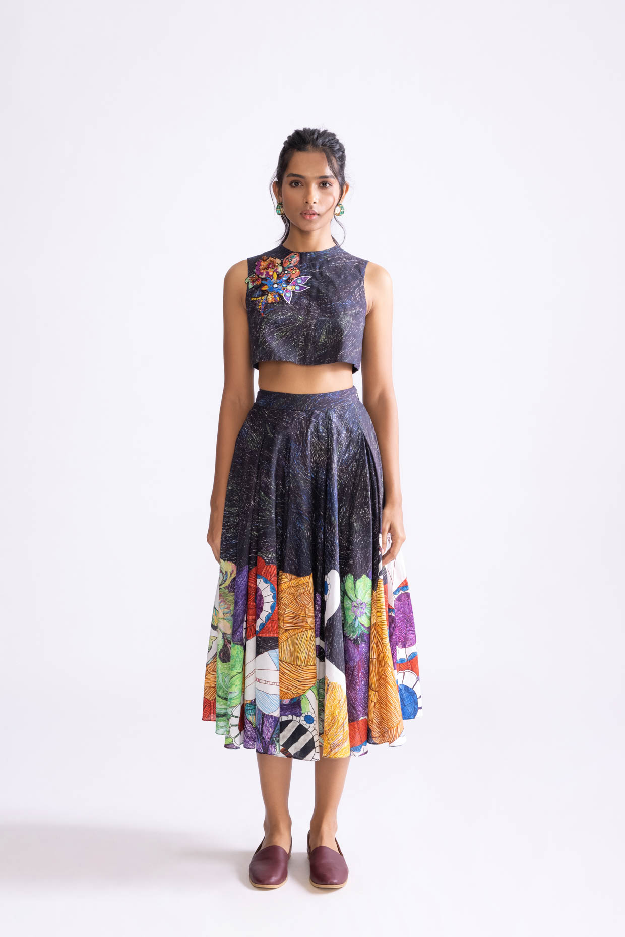 A model showcasing Flara Blouse Boxy Blouse With Intricate Hand Embroidered by Saaksha And Kinni from Saaksha And Kinni's collection