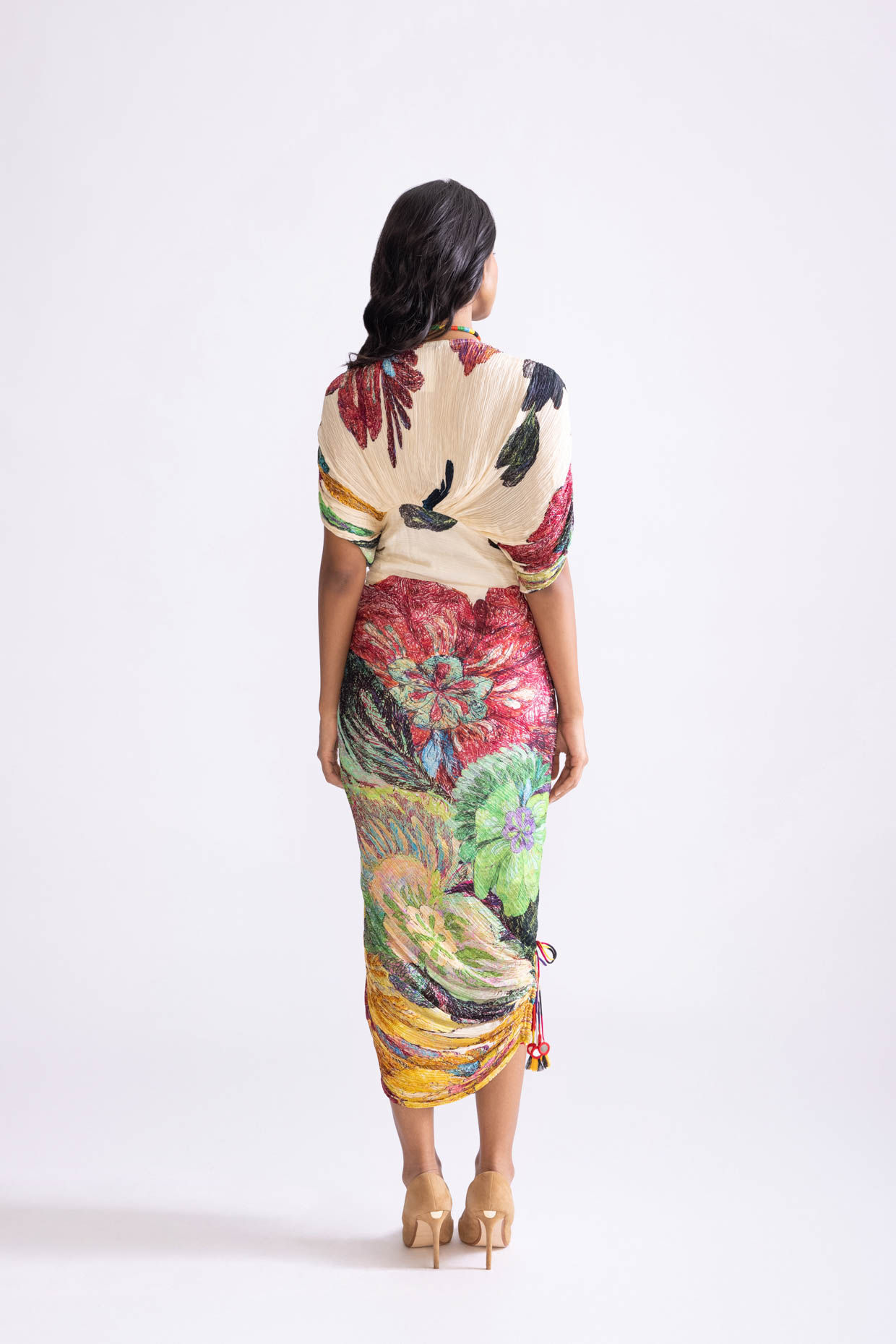 A model showcasing Zia Dress Daisy Print Kaftan Dress by Saaksha And Kinni from Saaksha And Kinni's collection