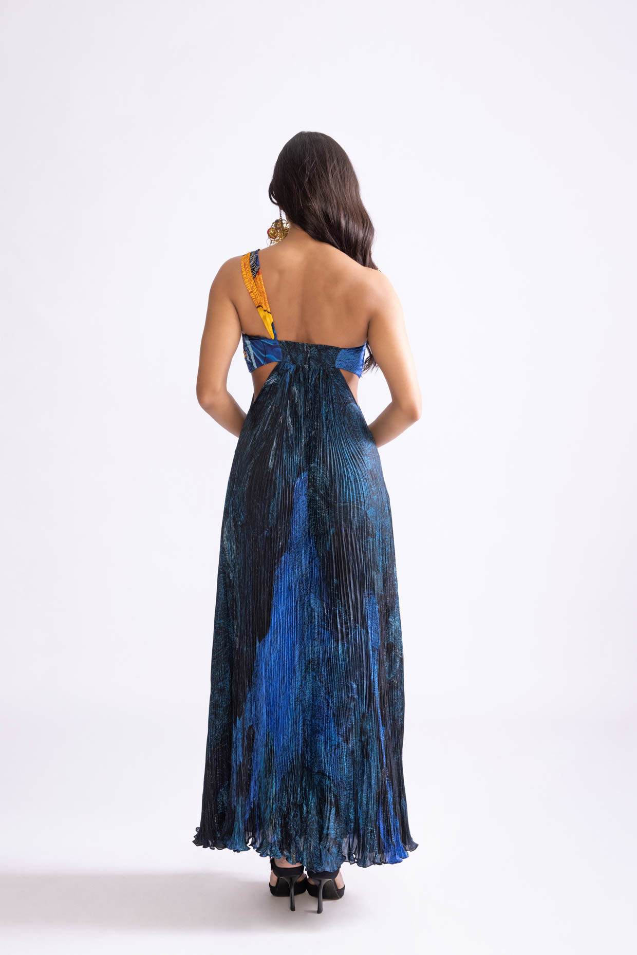 A model showcasing Josephine Dress Blue Printed Maxi Dress by Saaksha And Kinni from Saaksha And Kinni's collection