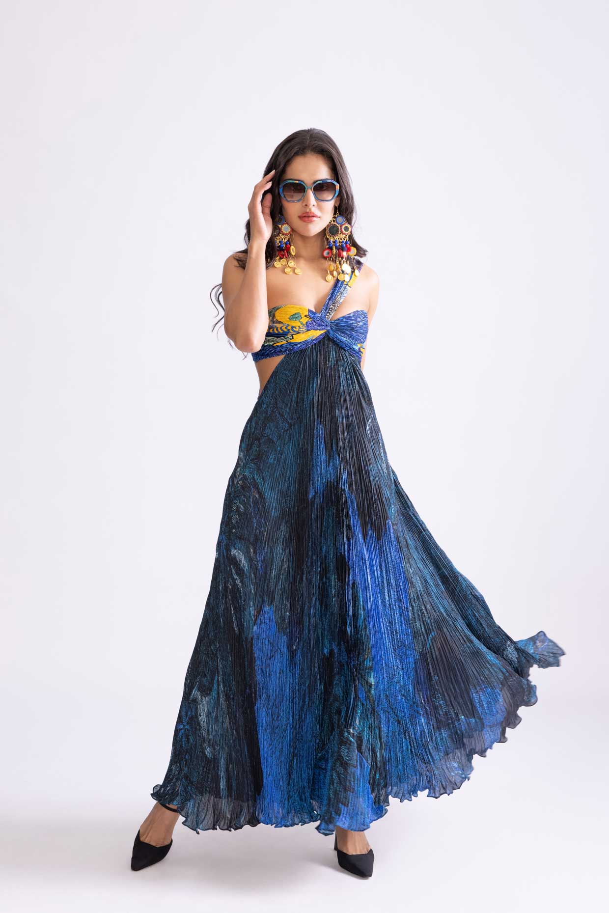 A model showcasing Josephine Dress Blue Printed Maxi Dress by Saaksha And Kinni from Saaksha And Kinni's collection