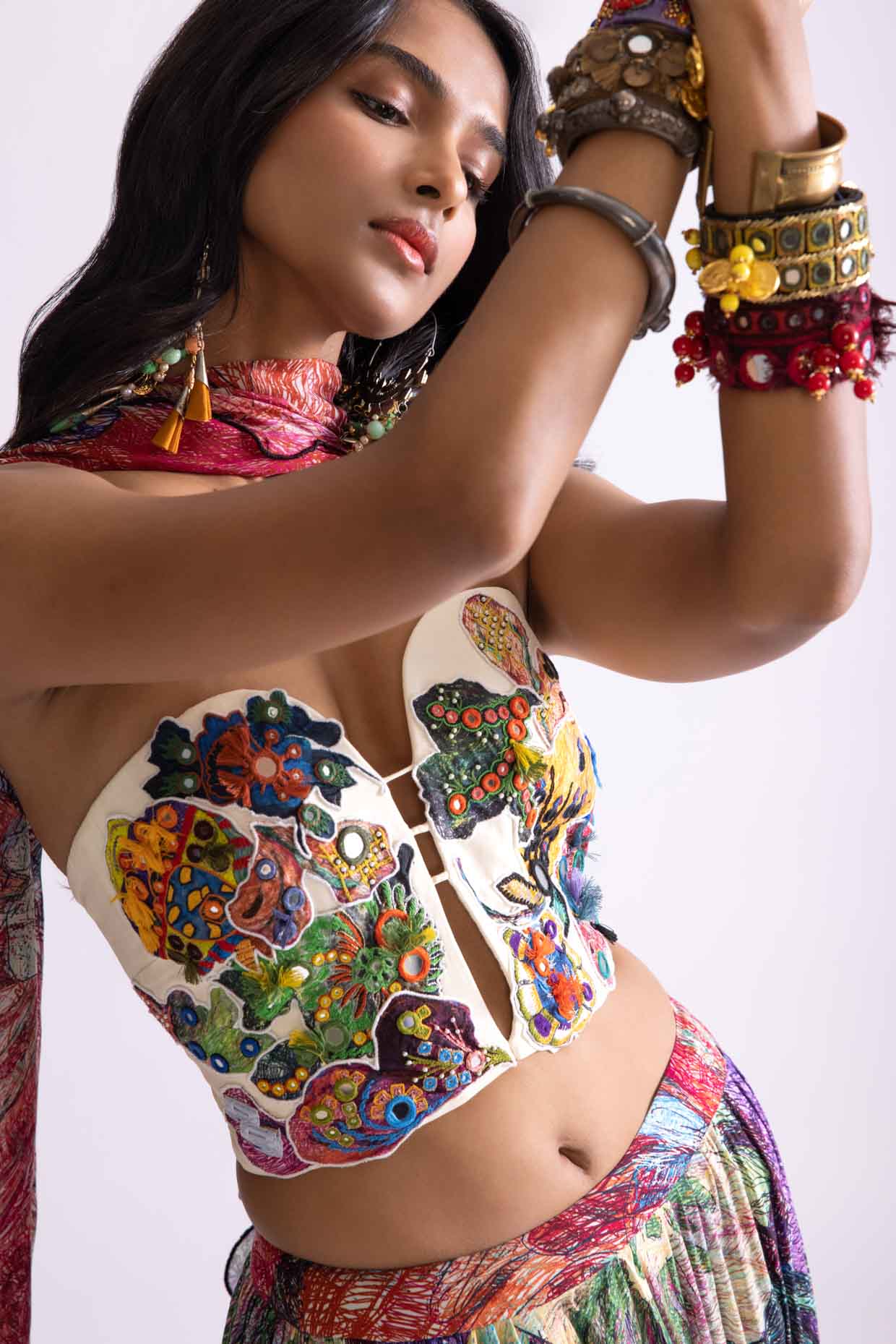 A model showcasing Multi Coloured Scallop Dupatta by Saaksha And Kinni from Saaksha And Kinni's collection