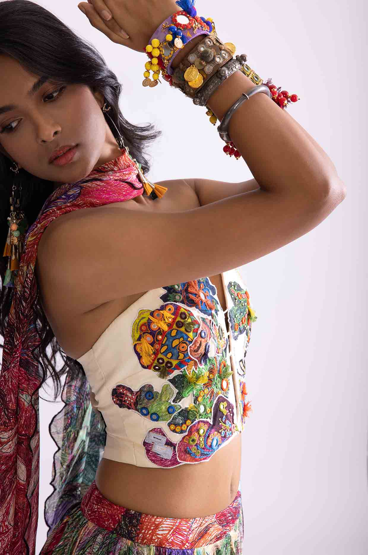 A model showcasing Multi Coloured Scallop Dupatta by Saaksha And Kinni from Saaksha And Kinni's collection