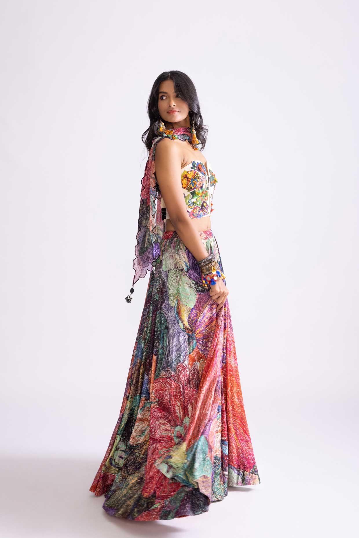 A model showcasing Multi Coloured Scallop Dupatta by Saaksha And Kinni from Saaksha And Kinni's collection