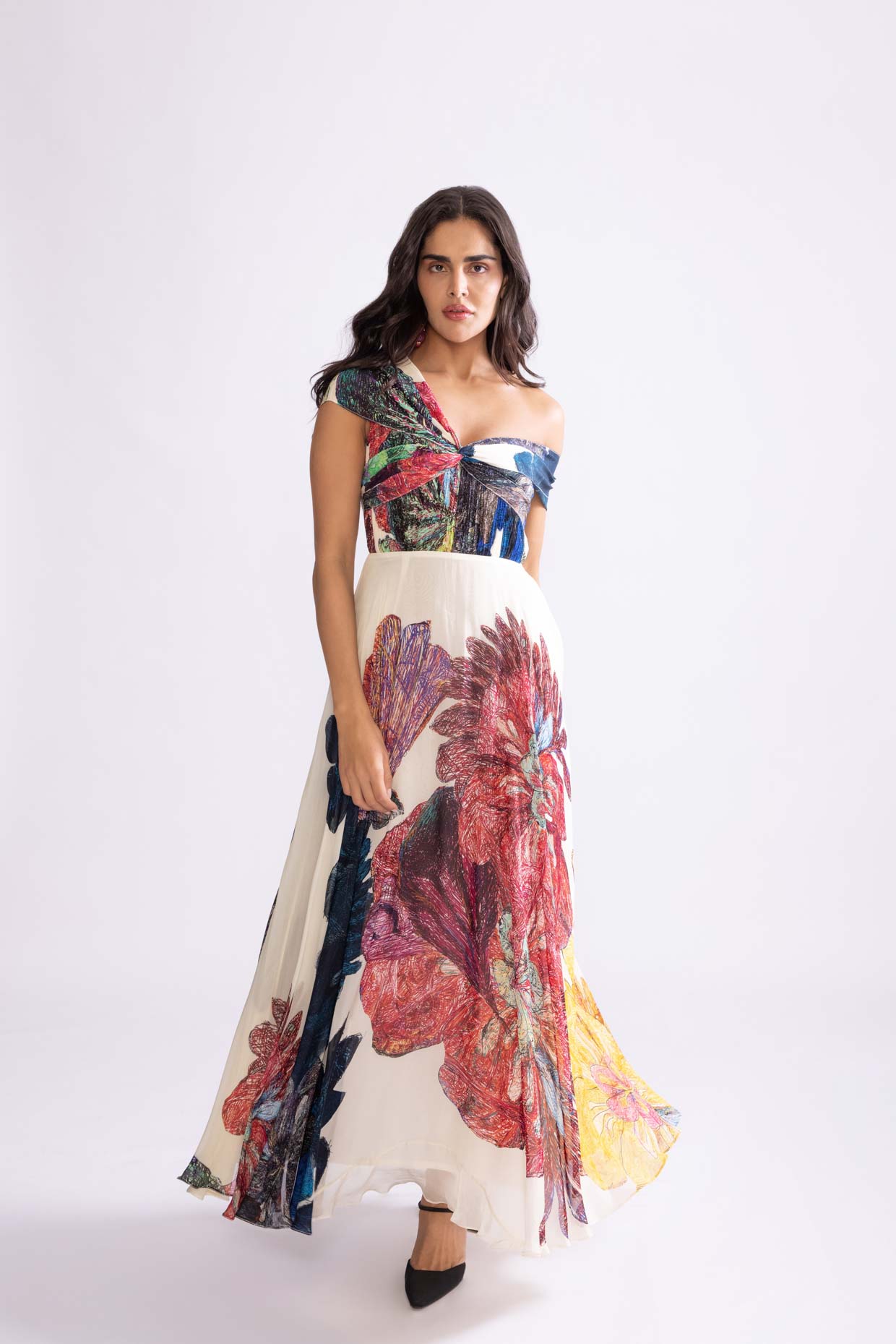 A model showcasing Madeline Dress Daisy Print Dress by Saaksha And Kinni from Saaksha And Kinni's collection