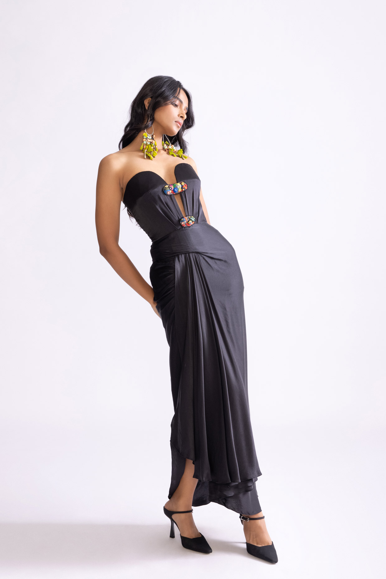 A model showcasing Diamond Dress Hand Embroidered Draped Dress by Saaksha And Kinni from Saaksha And Kinni's collection
