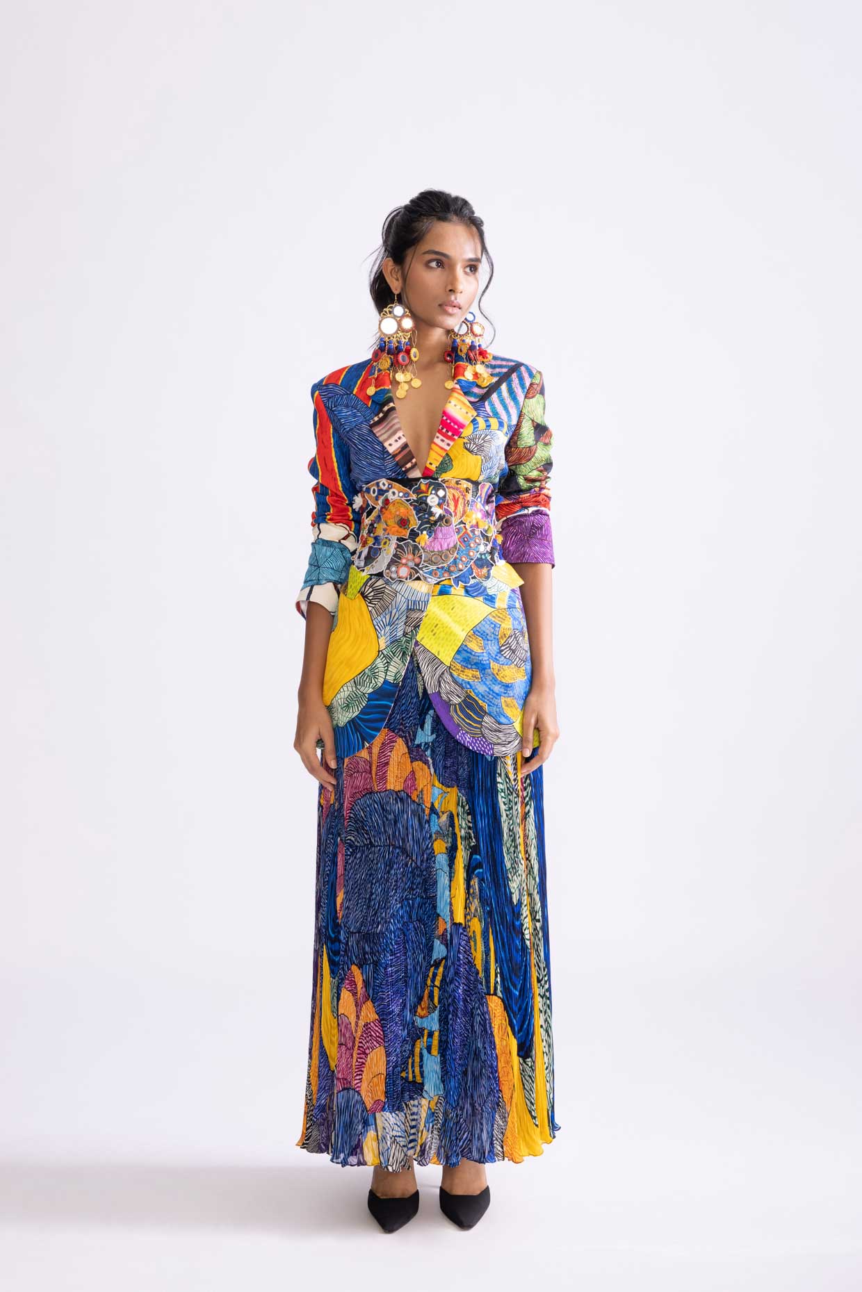 A model showcasing Monica Skirt Tribal Print Maxi Skirt by Saaksha And Kinni from Saaksha And Kinni's collection
