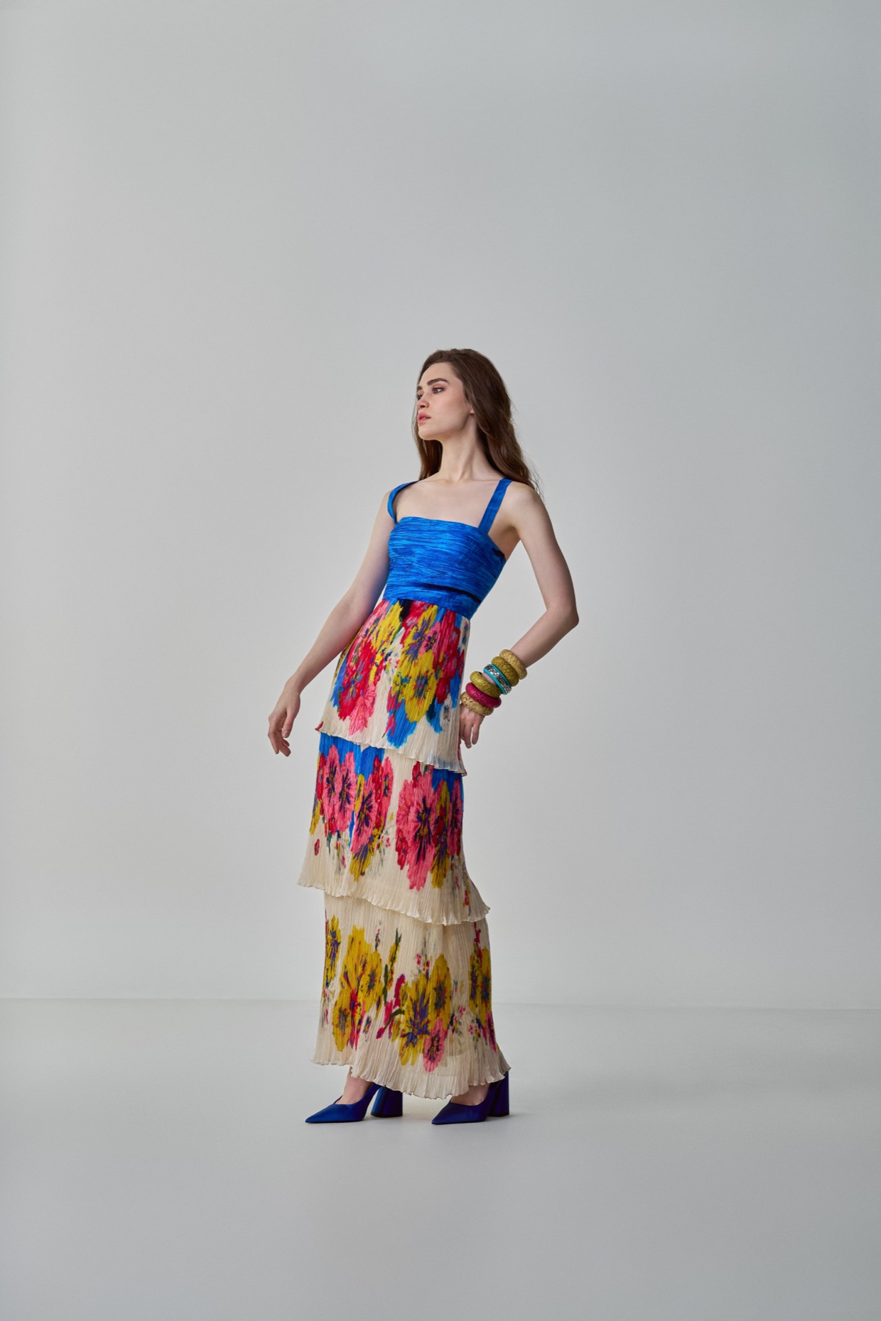 A model showcasing Missy Dress Floral Tiered Maxi Dress by Saaksha And Kinni from Saaksha And Kinni's collection