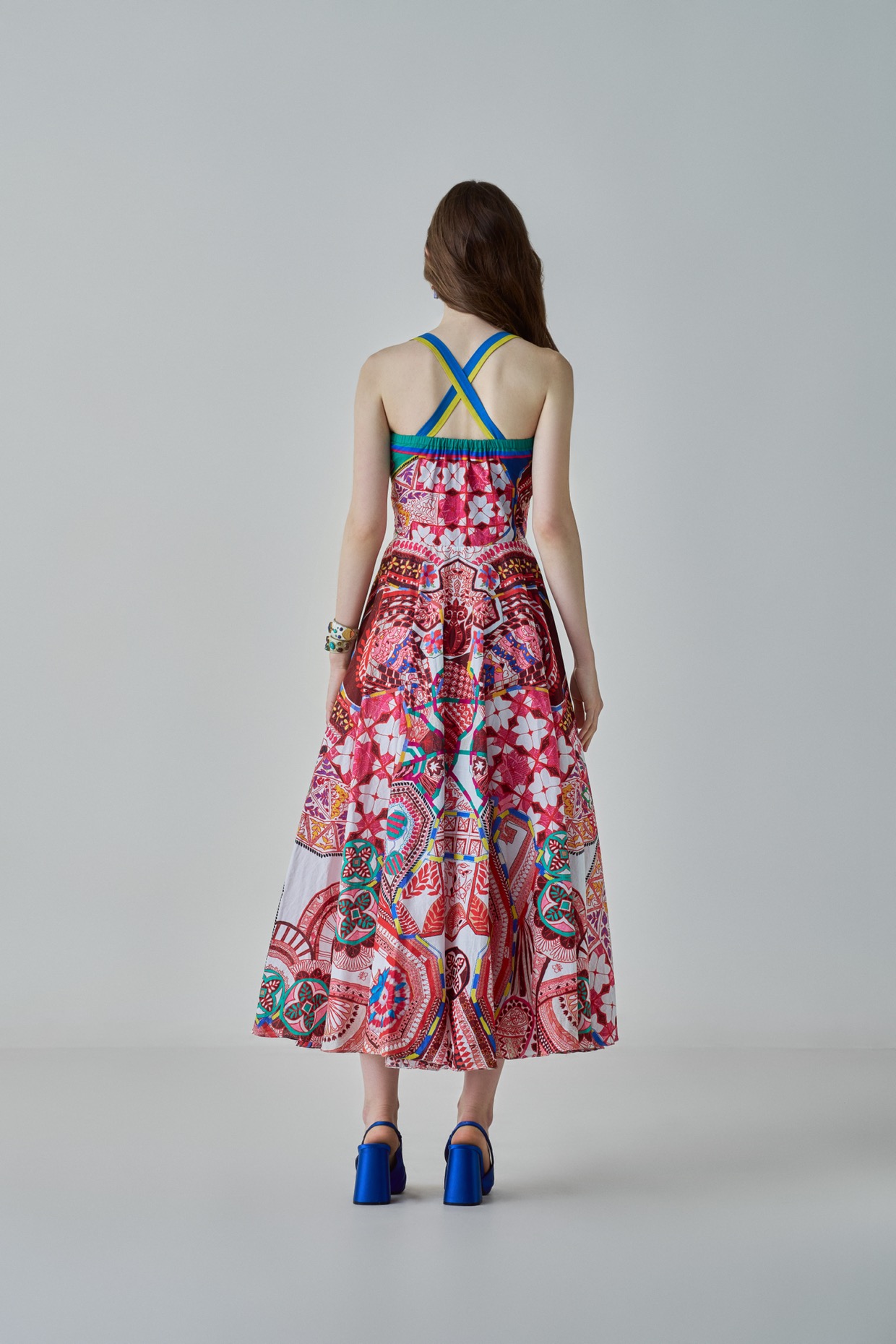 A model showcasing Marilyn Dress Paisley Print Flared Frock by Saaksha And Kinni from Saaksha And Kinni's collection