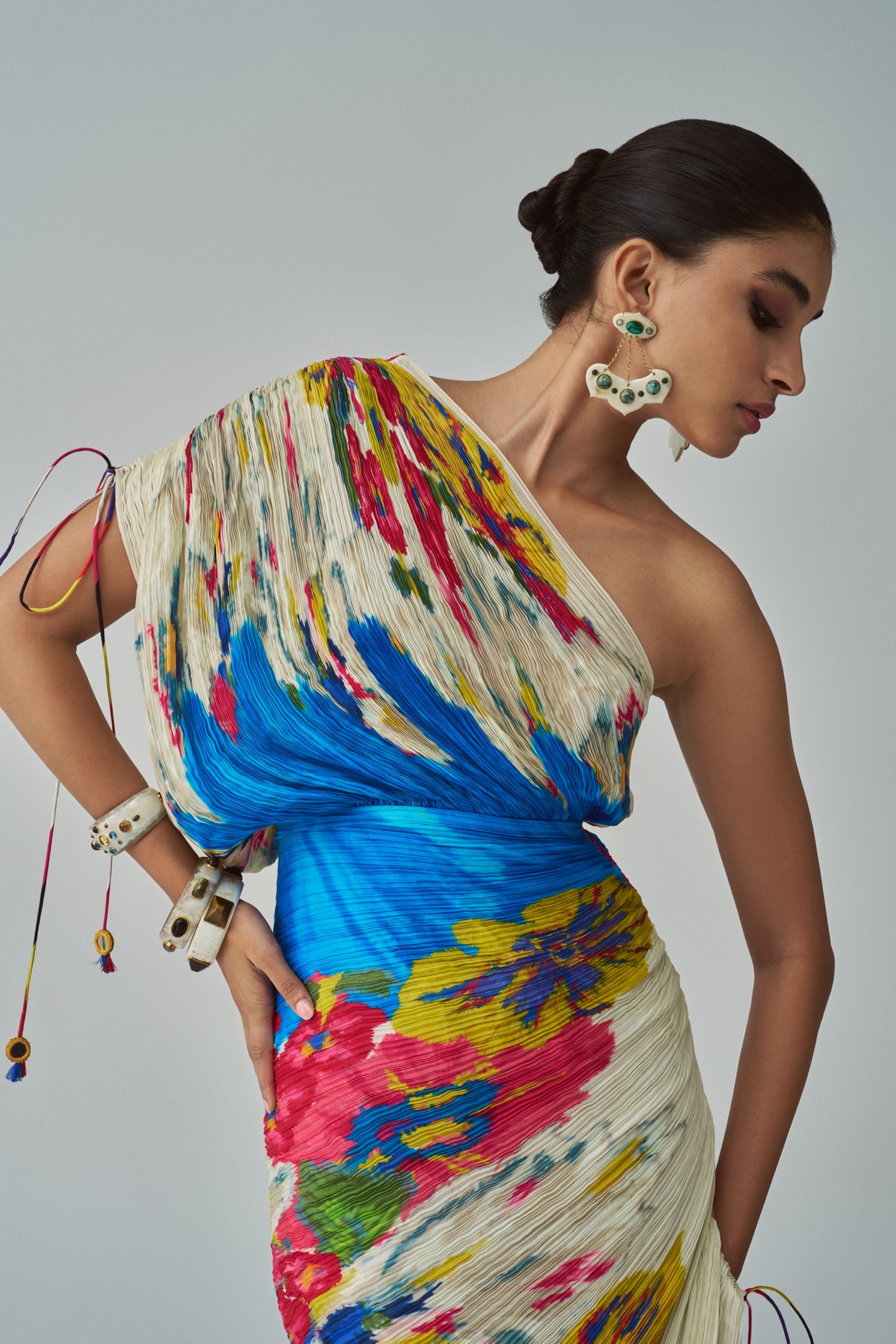 A model showcasing Mira Dress Ivory Floral Dress by Saaksha And Kinni from Saaksha And Kinni's collection