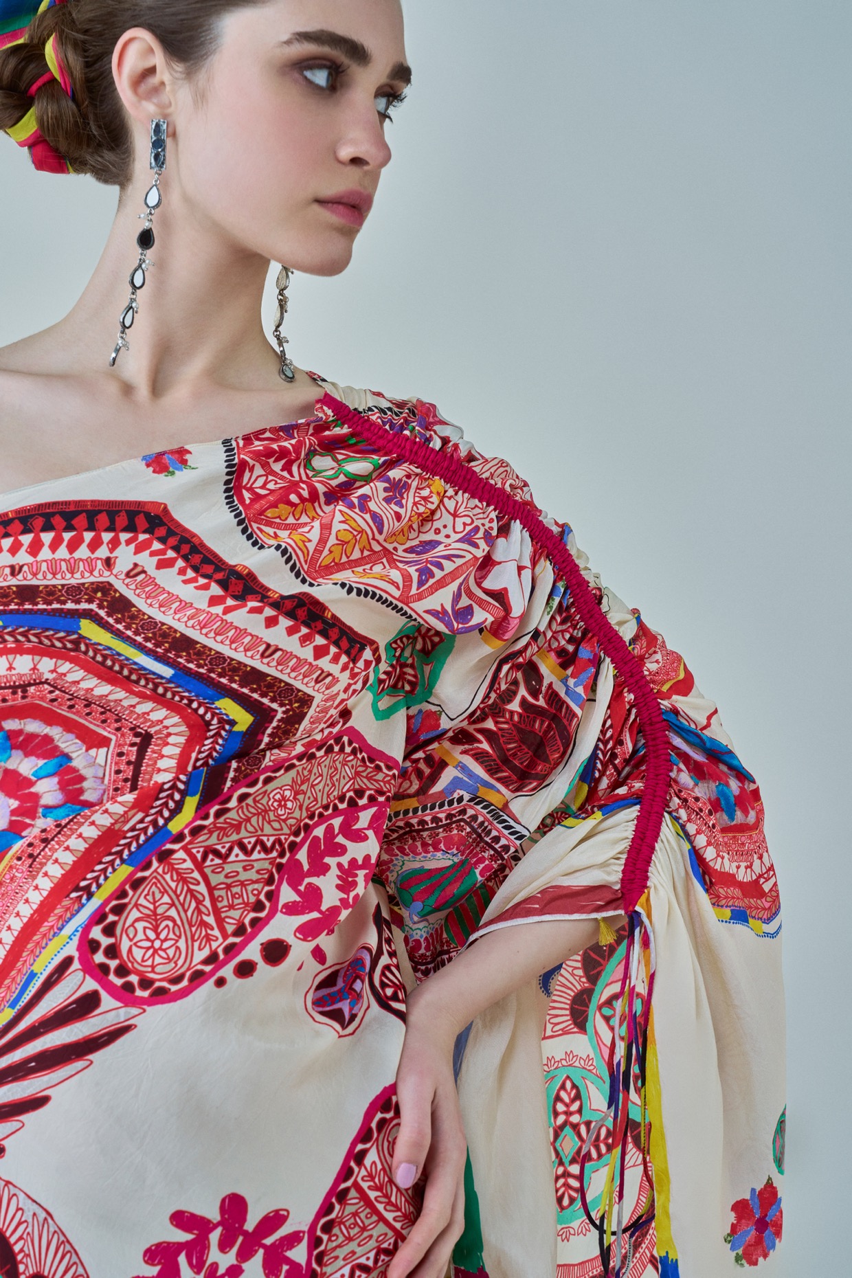 A model showcasing Isla Kaftan Asymmetric One Shoulder Kaftan by Saaksha And Kinni from Saaksha And Kinni's collection