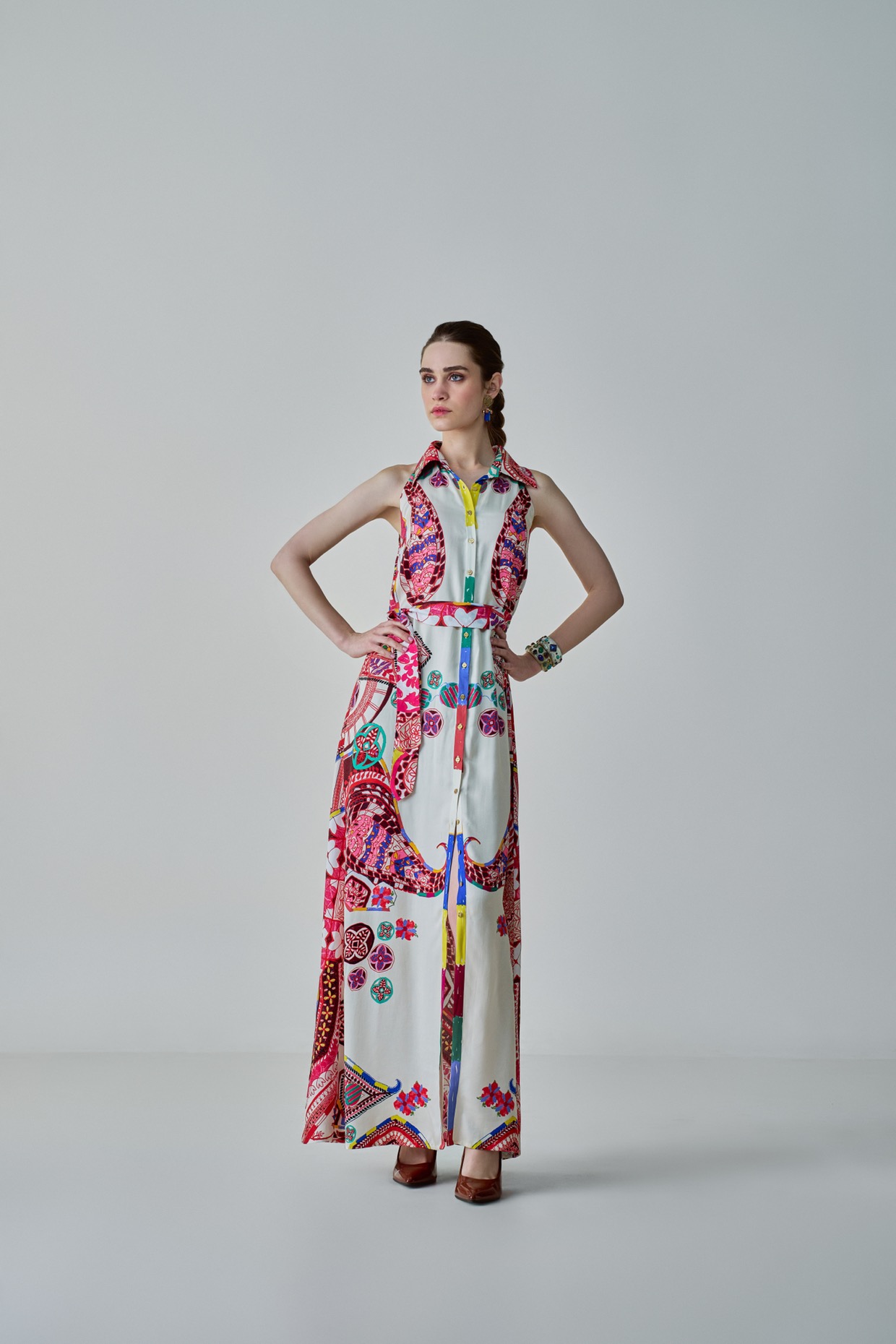 A model showcasing Ella Dress Ivory Collared Shirt Dress by Saaksha And Kinni from Saaksha And Kinni's collection