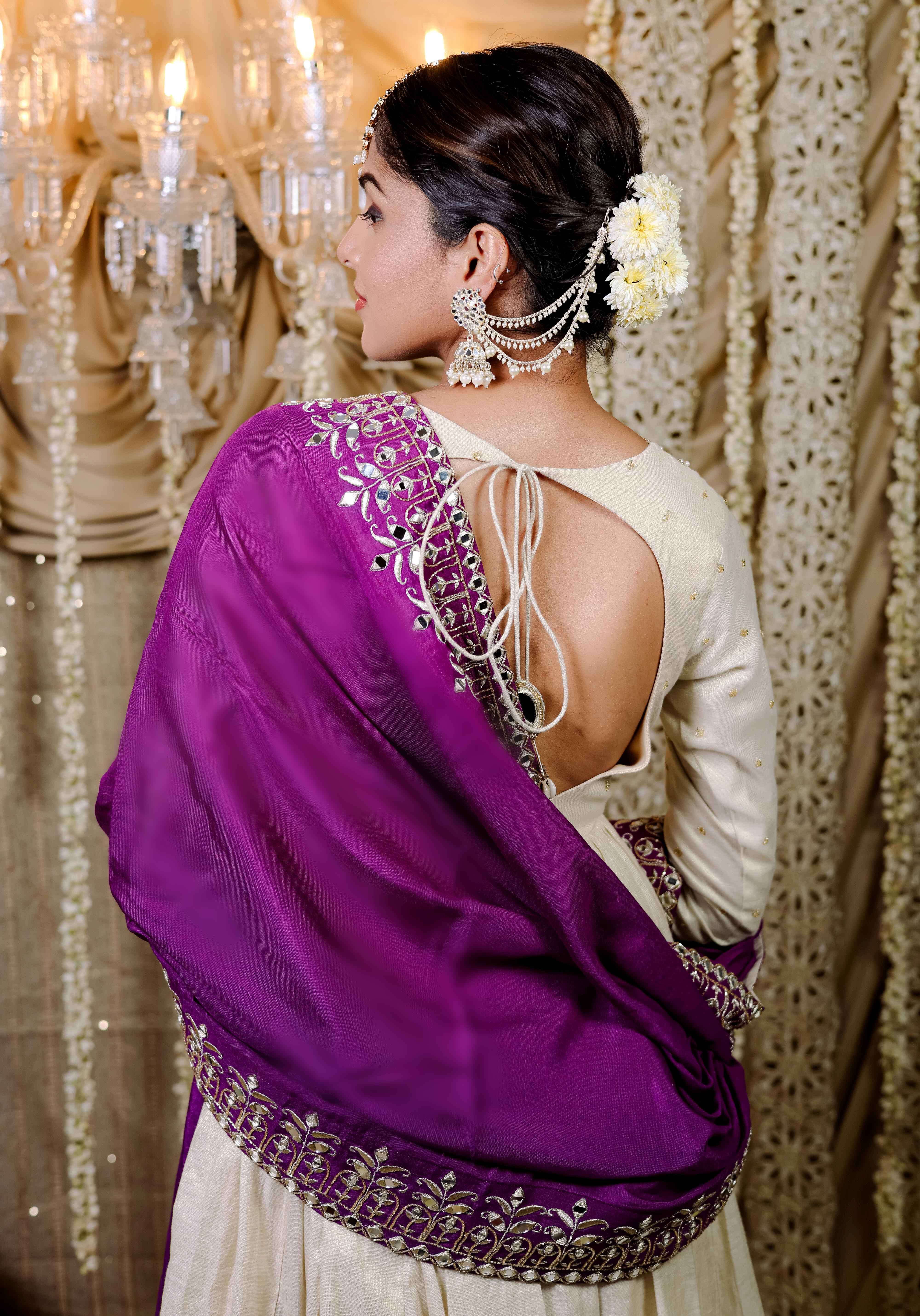 A model showcasing Ivory Embroidered Anarkali Dupatta Set by Foram Patel from Foram Patel's collection