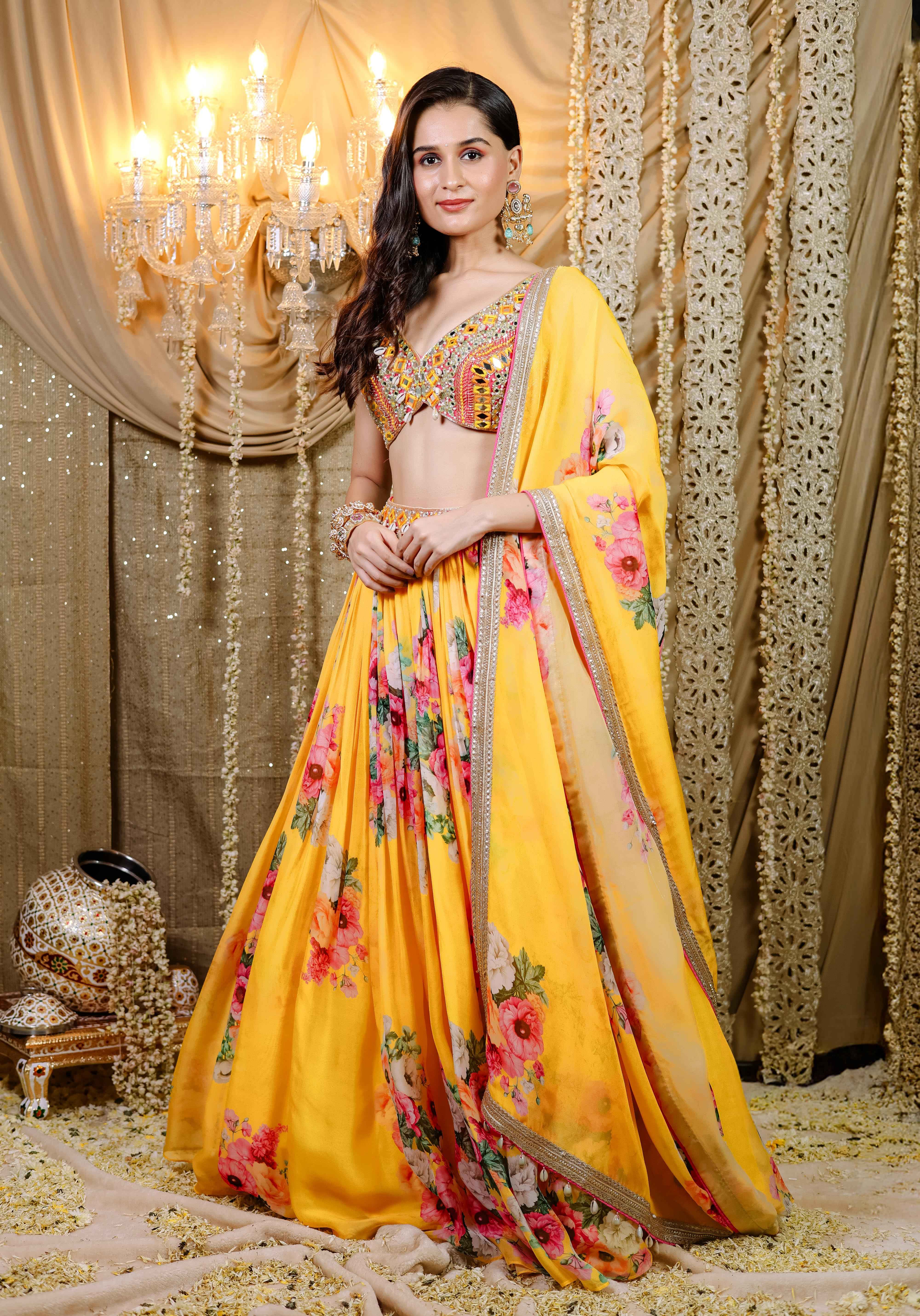 A model showcasing Yellow Floral Printed Lehenga Set by Foram Patel from Foram Patel's collection