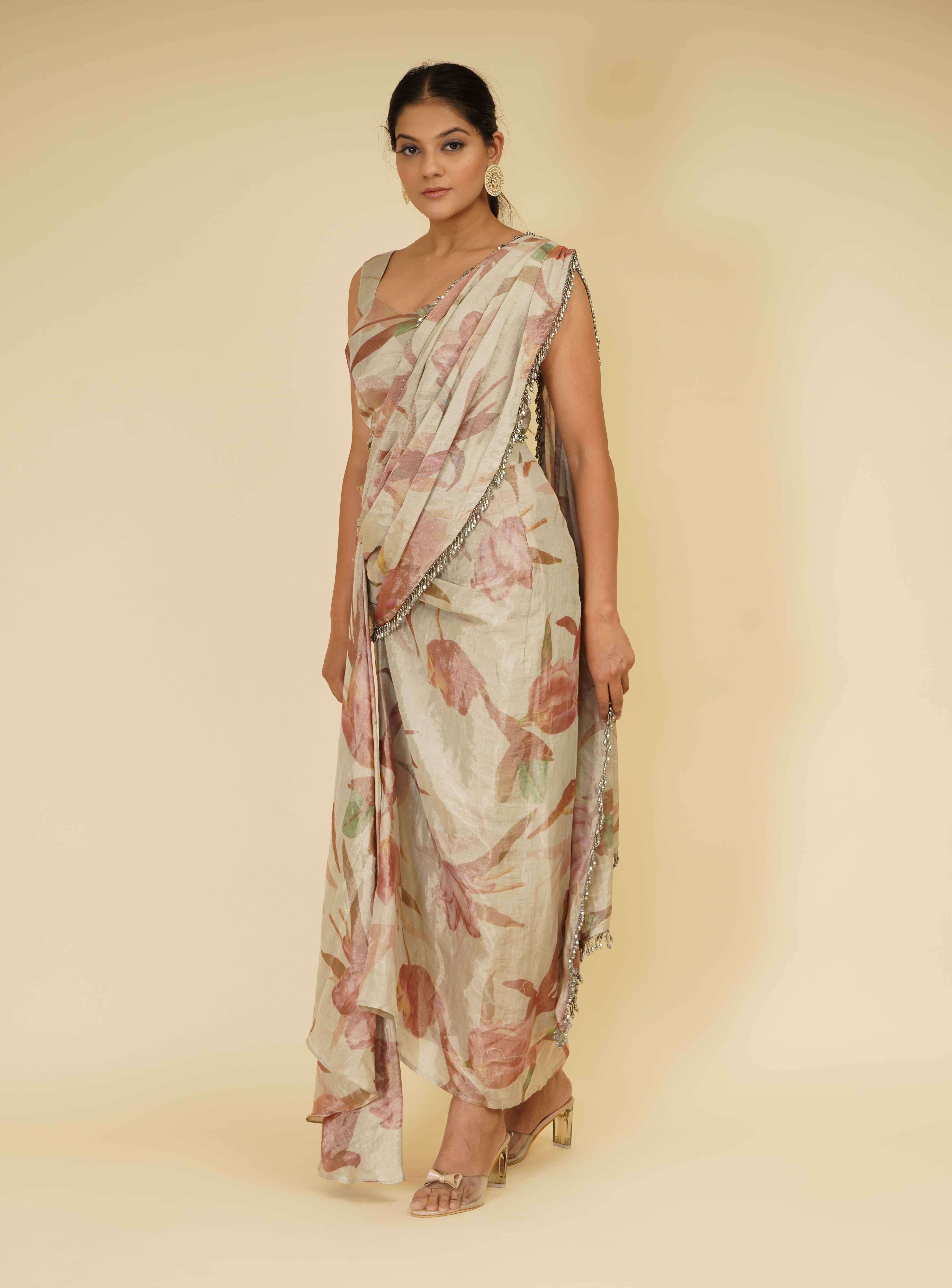 A model showcasing Silver Printed Floral Drape Saree by Farha Syed from Farha Syed's collection