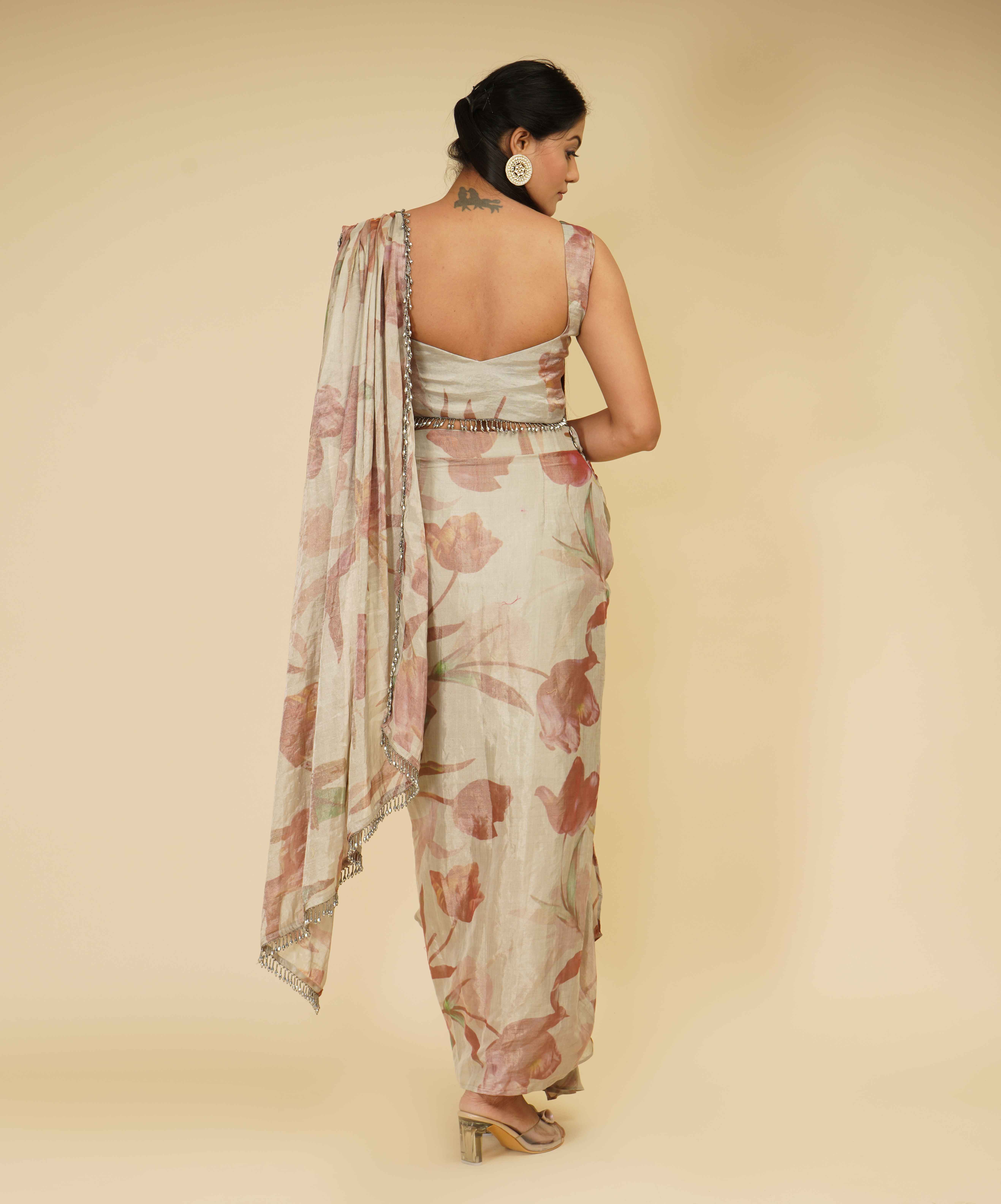 A model showcasing Silver Printed Floral Drape Saree by Farha Syed from Farha Syed's collection