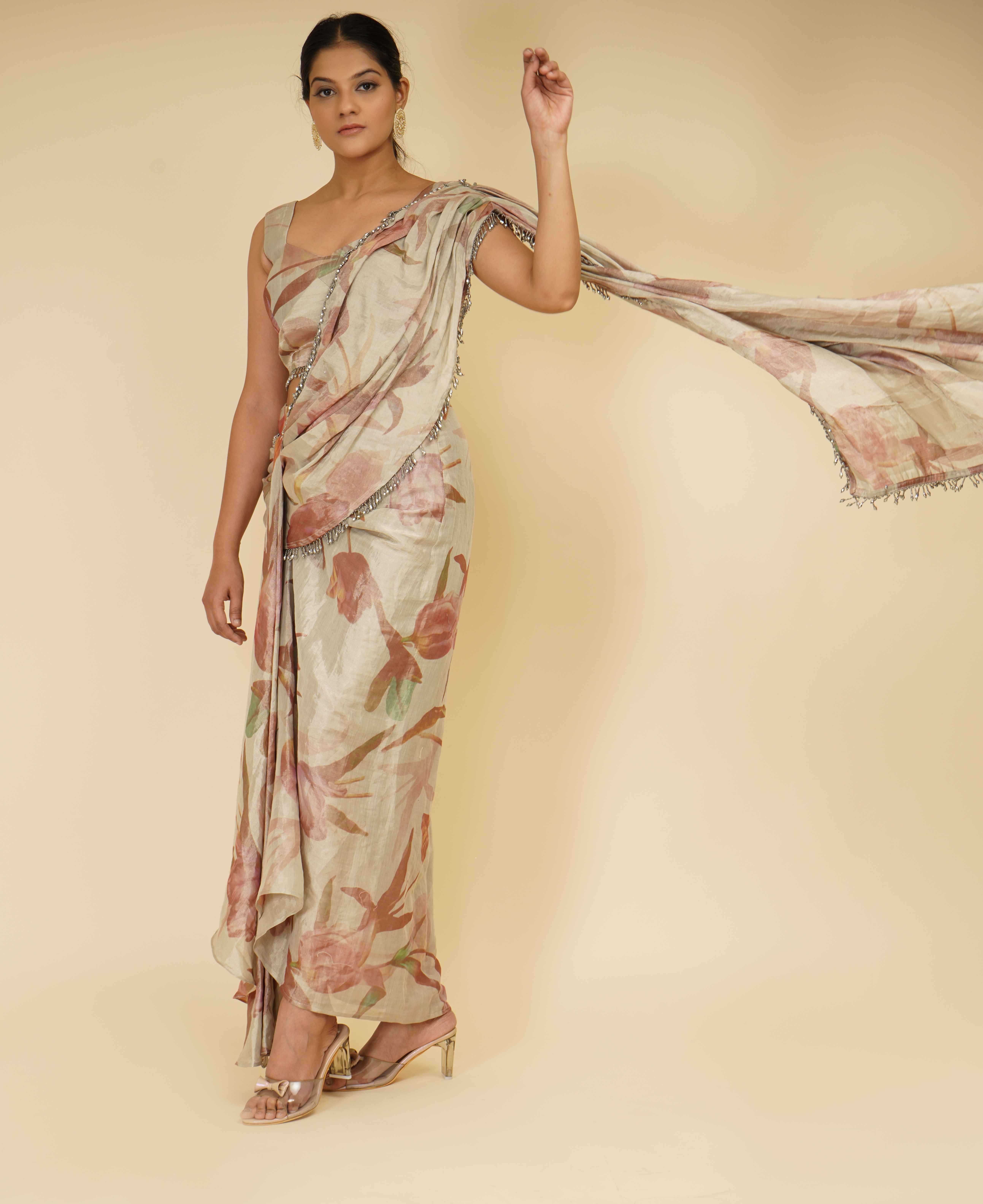 A model showcasing Silver Printed Floral Drape Saree by Farha Syed from Farha Syed's collection