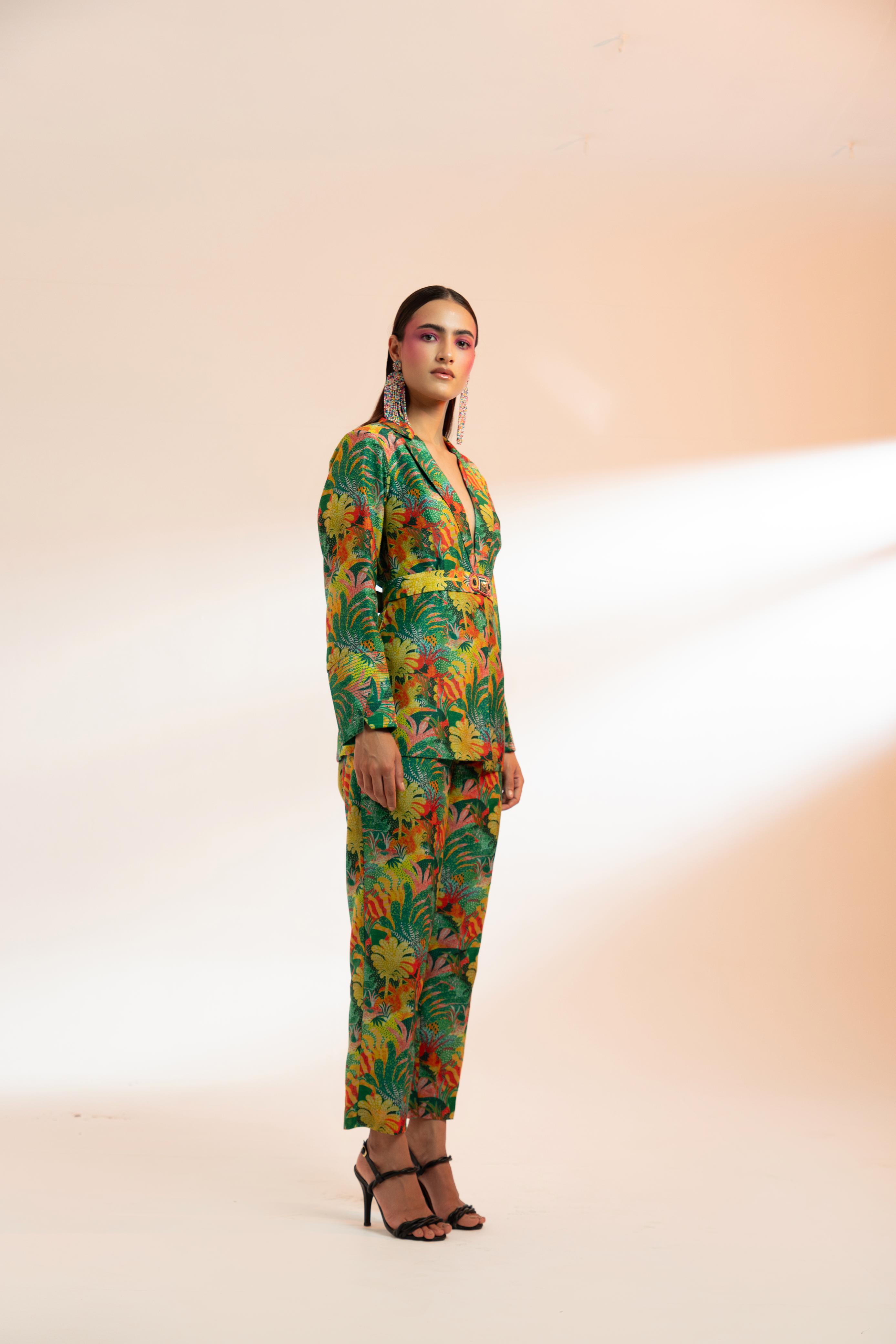 A model showcasing The Tuileries Garden Paris Jacket Set by Miku Kumar from Miku Kumar's collection