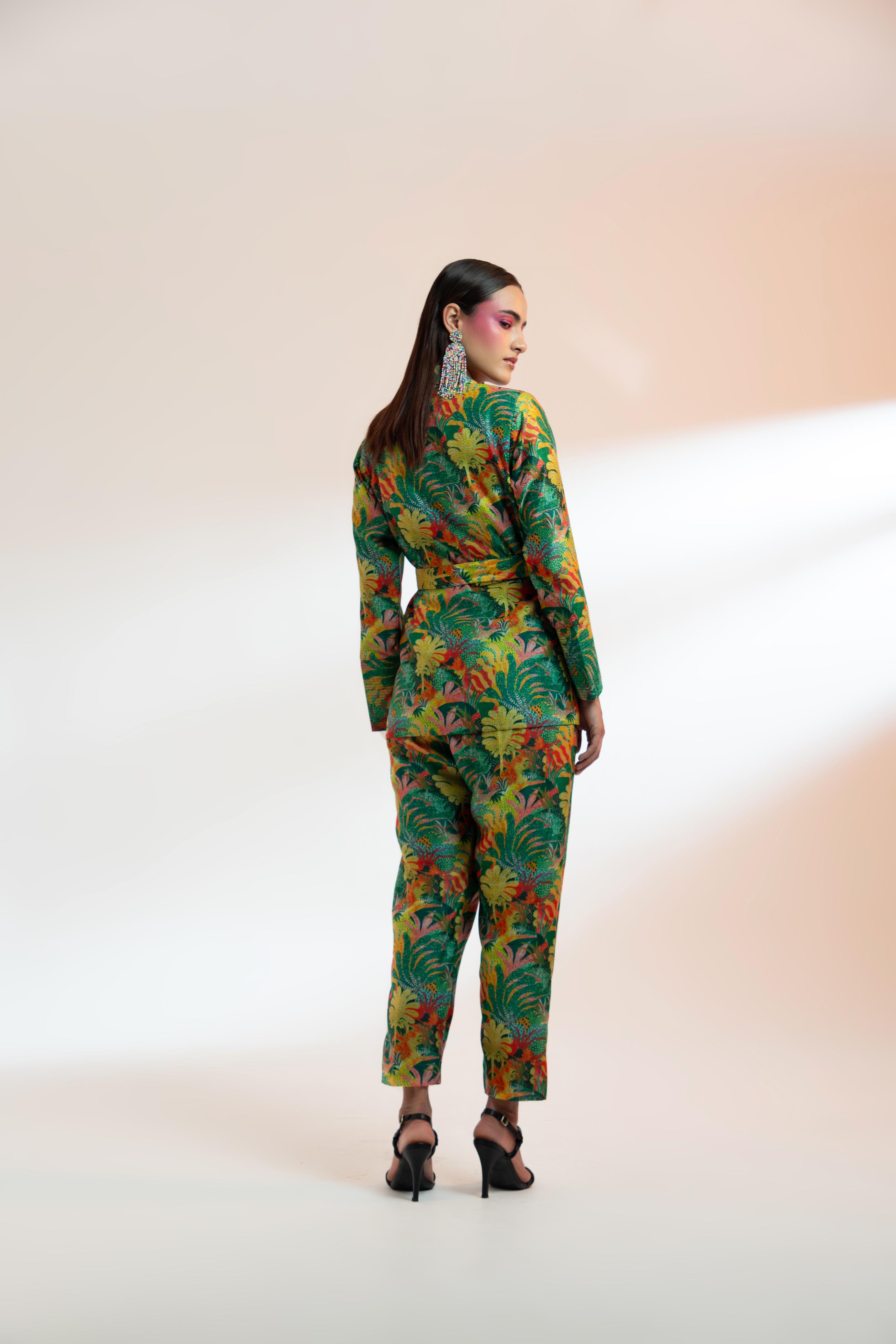 A model showcasing The Tuileries Garden Paris Jacket Set by Miku Kumar from Miku Kumar's collection