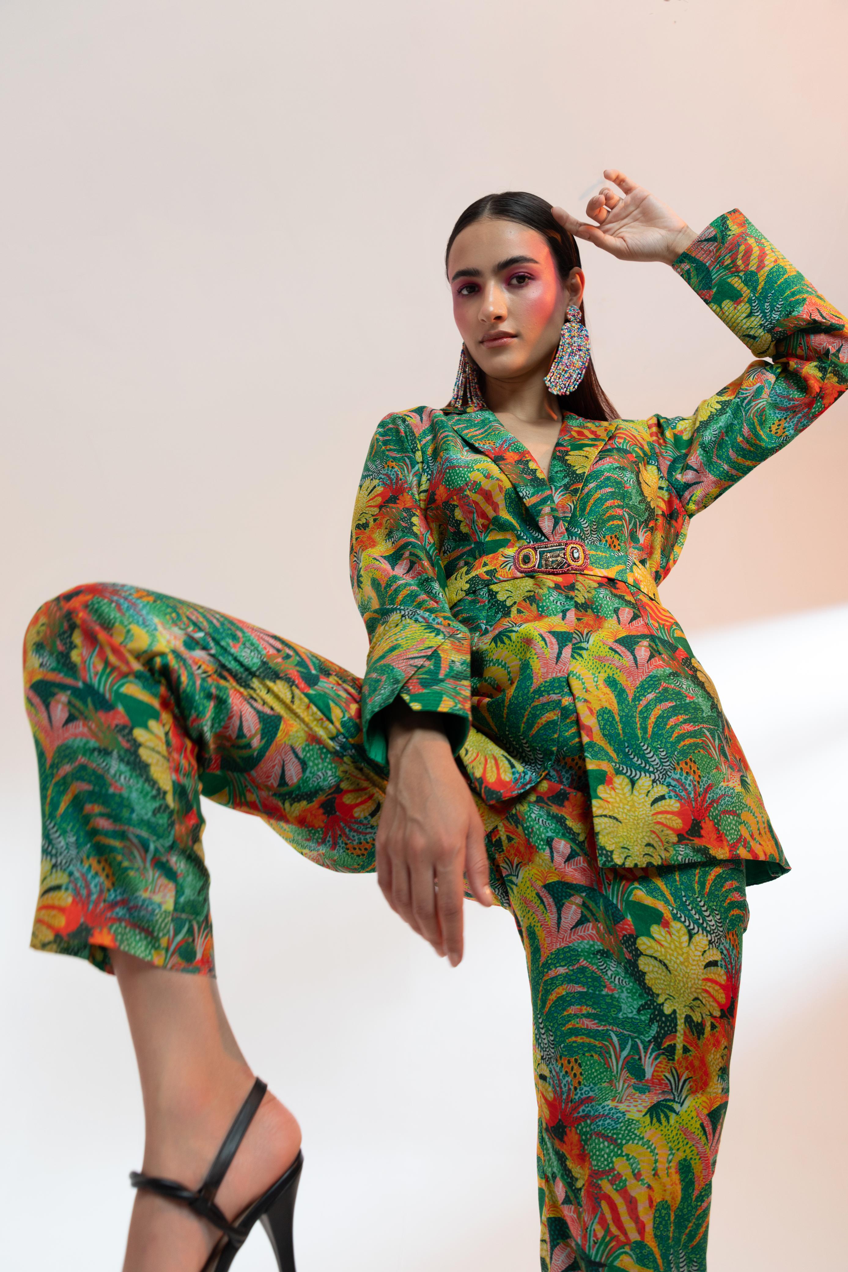 A model showcasing The Tuileries Garden Paris Jacket Set by Miku Kumar from Miku Kumar's collection