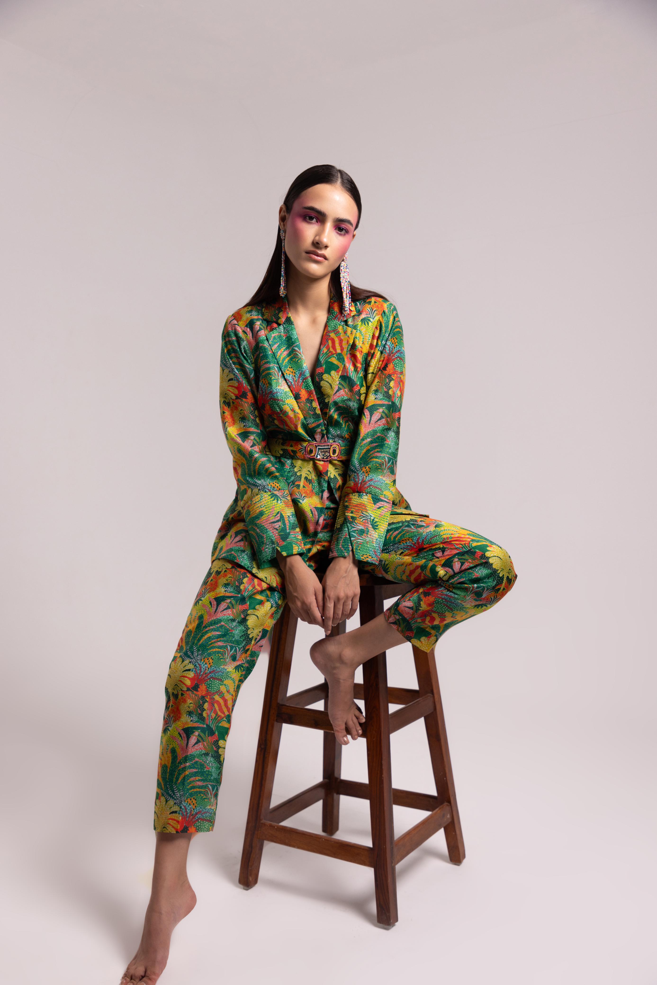 A model showcasing The Tuileries Garden Paris Jacket Set by Miku Kumar from Miku Kumar's collection