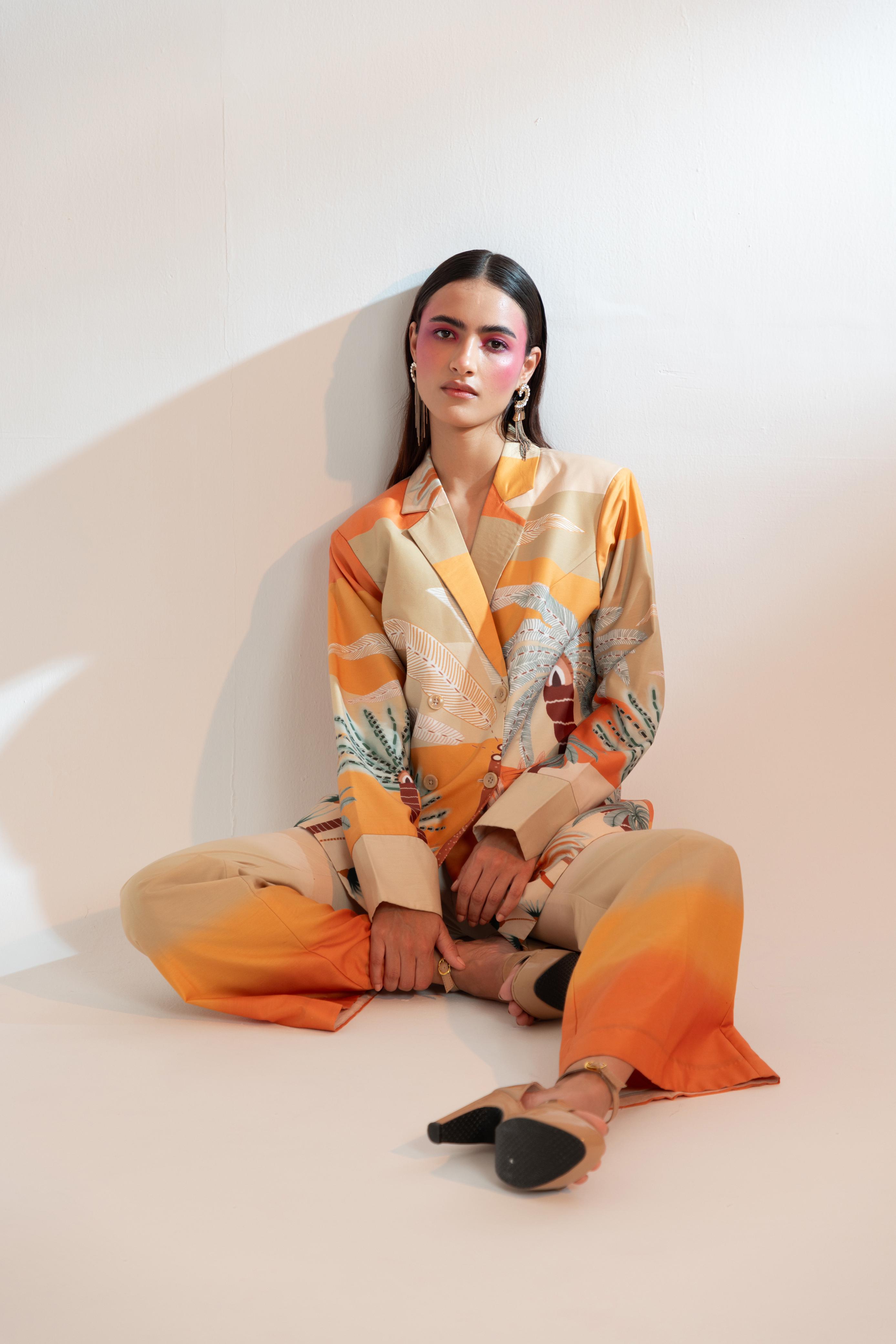 A model showcasing Les Cerfs Paris Jacket Set by Miku Kumar from Miku Kumar's collection
