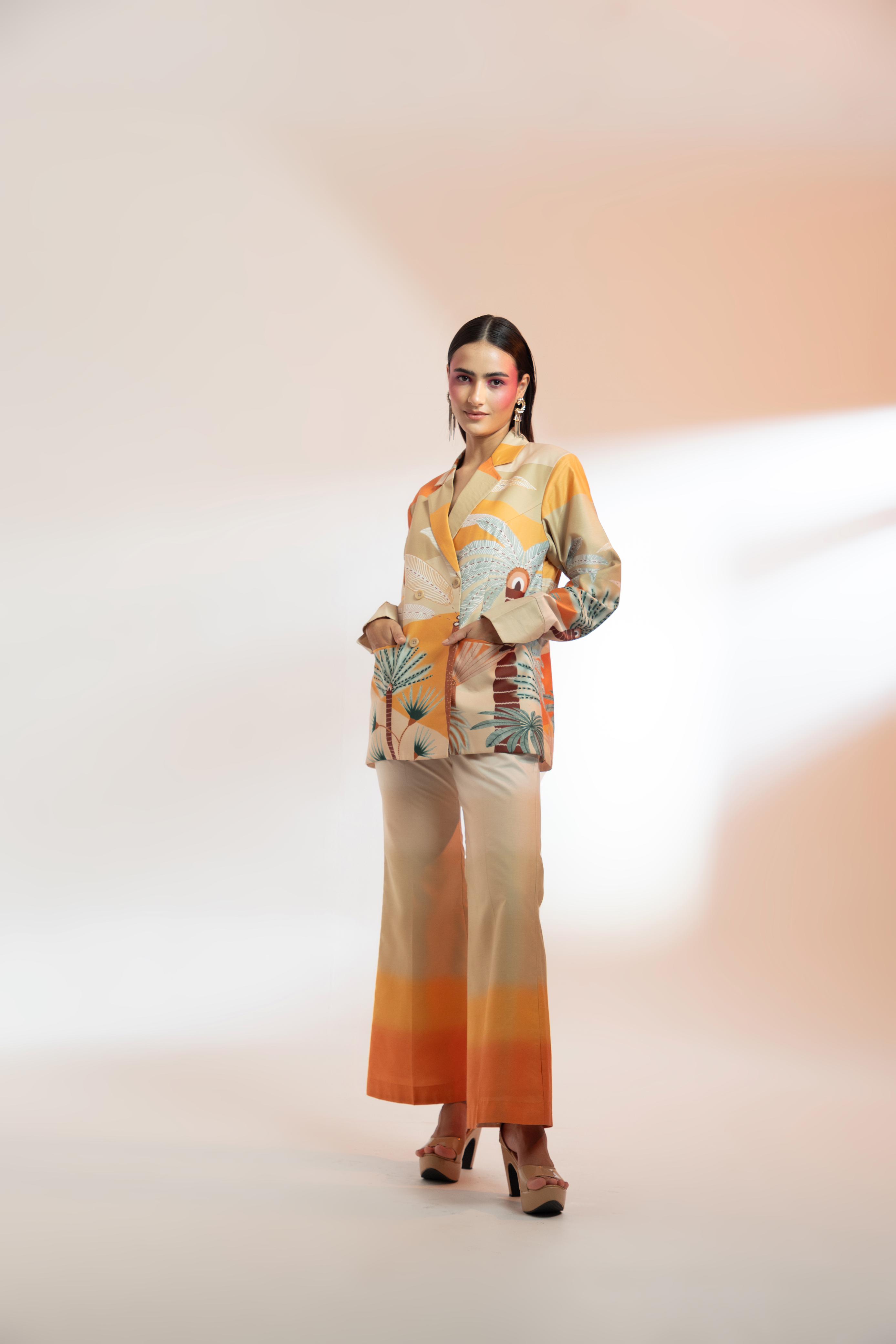 A model showcasing Les Cerfs Paris Jacket Set by Miku Kumar from Miku Kumar's collection
