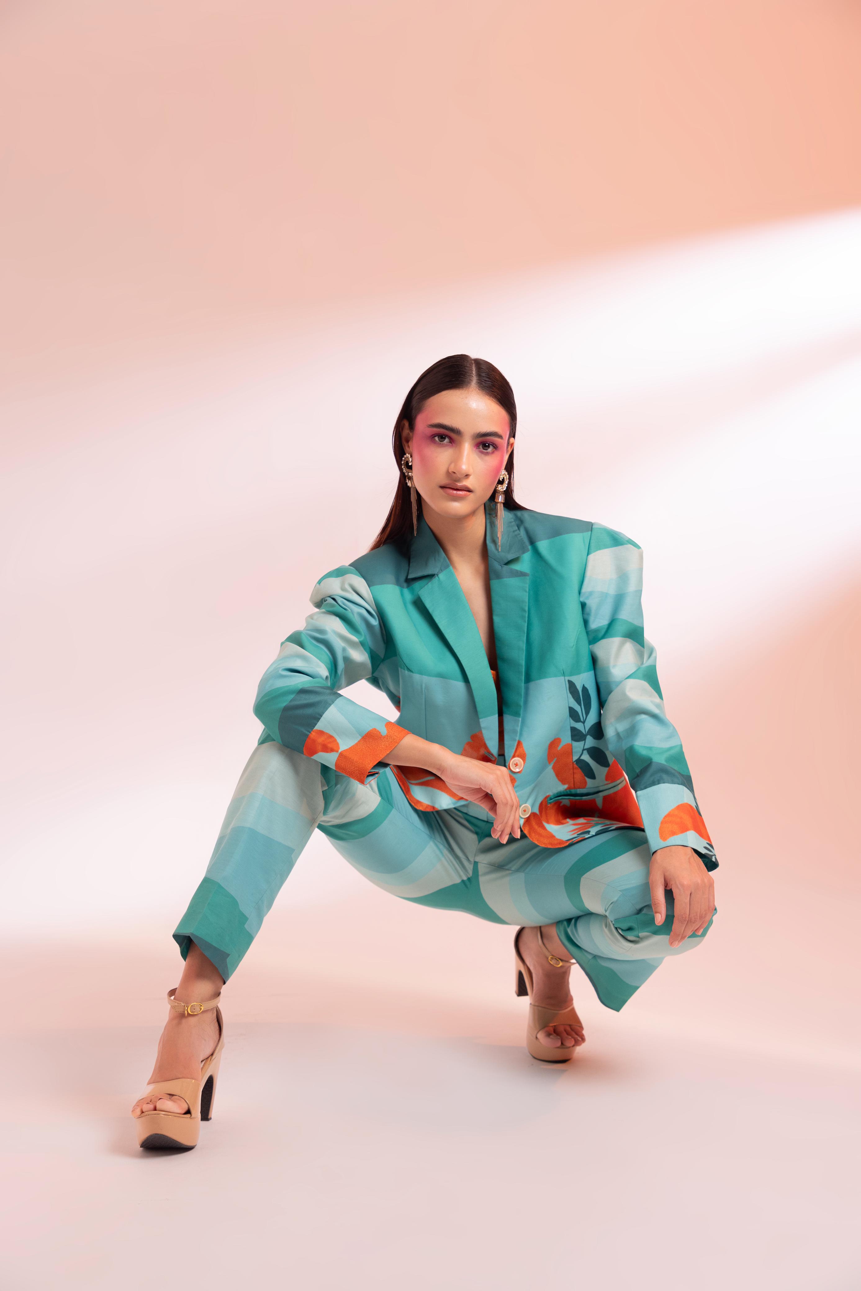 A model showcasing The Crotoy Paris Jack Et Set by Miku Kumar from Miku Kumar's collection