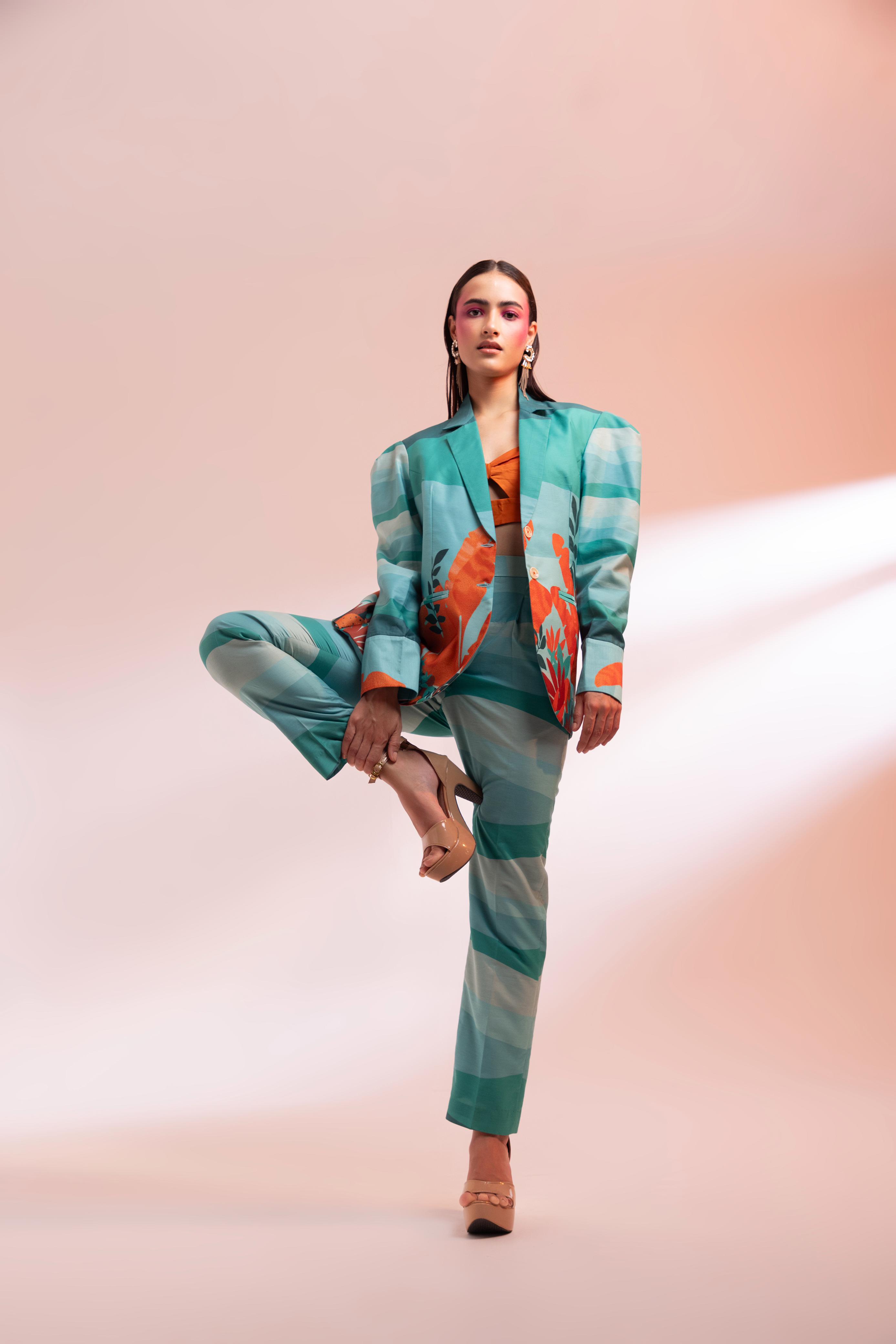 A model showcasing The Crotoy Paris Jack Et Set by Miku Kumar from Miku Kumar's collection