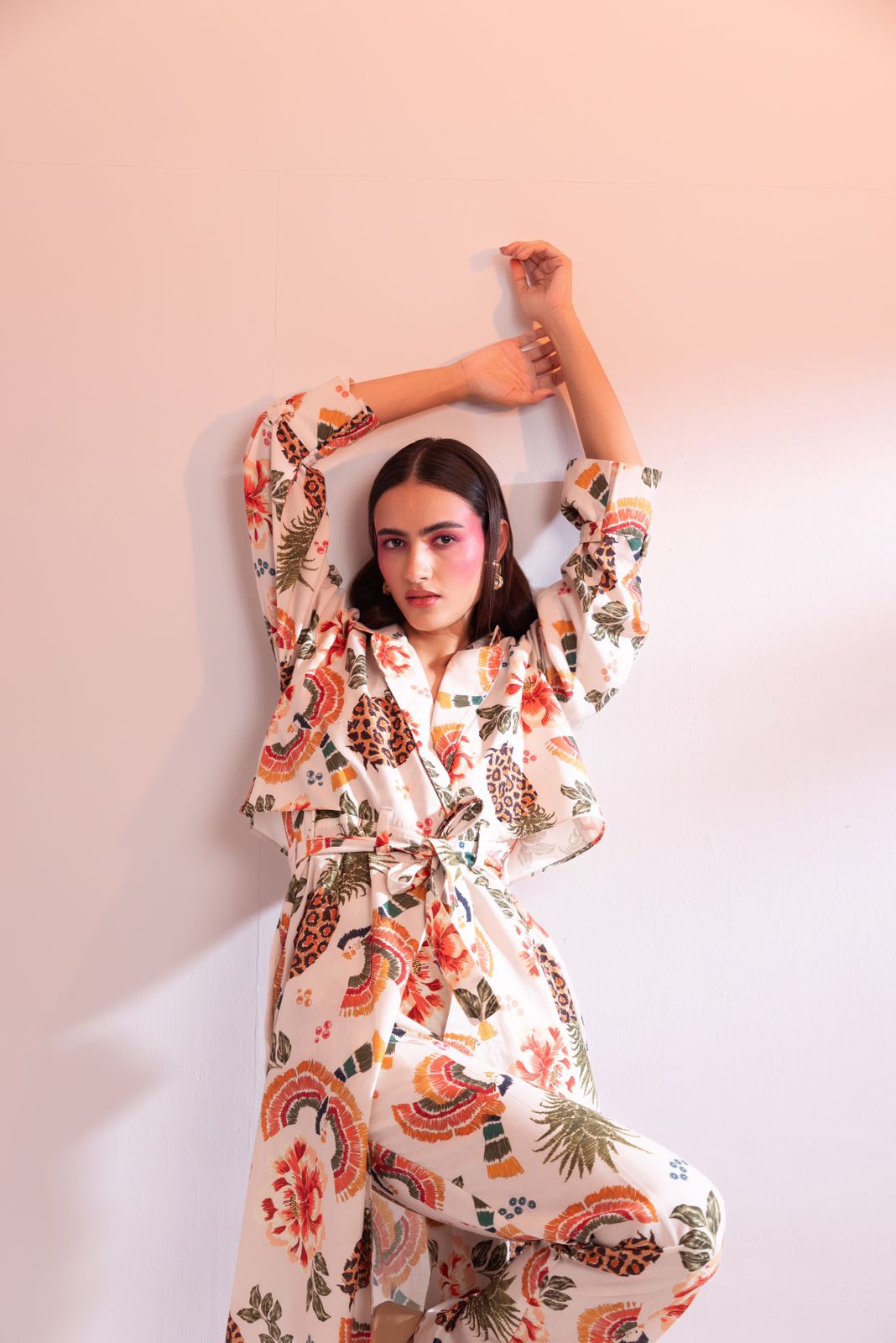 A model showcasing Parc Floral De Paris Trench Coat Pant Set by Miku Kumar from Miku Kumar's collection