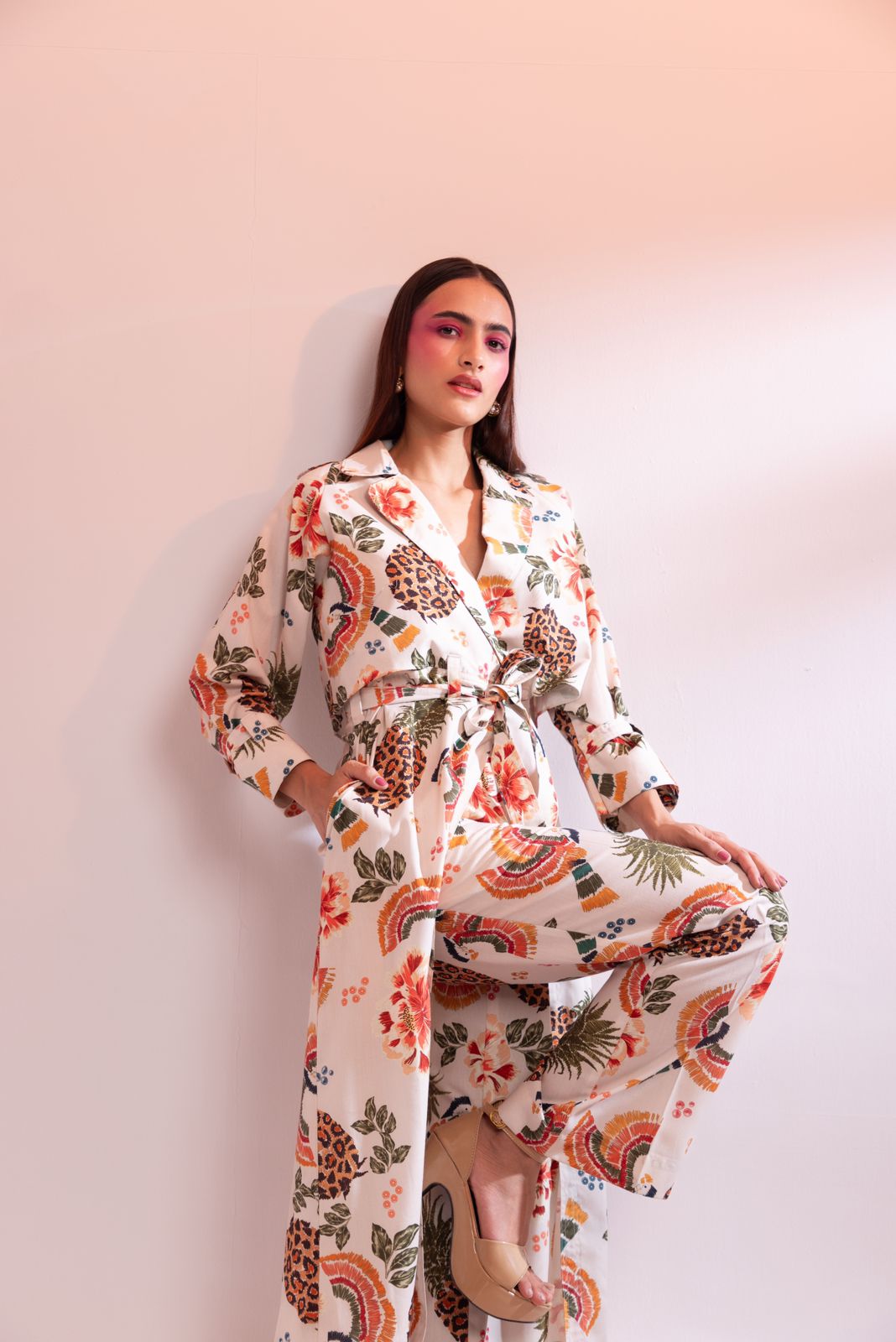 A model showcasing Parc Floral De Paris Trench Coat Pant Set by Miku Kumar from Miku Kumar's collection