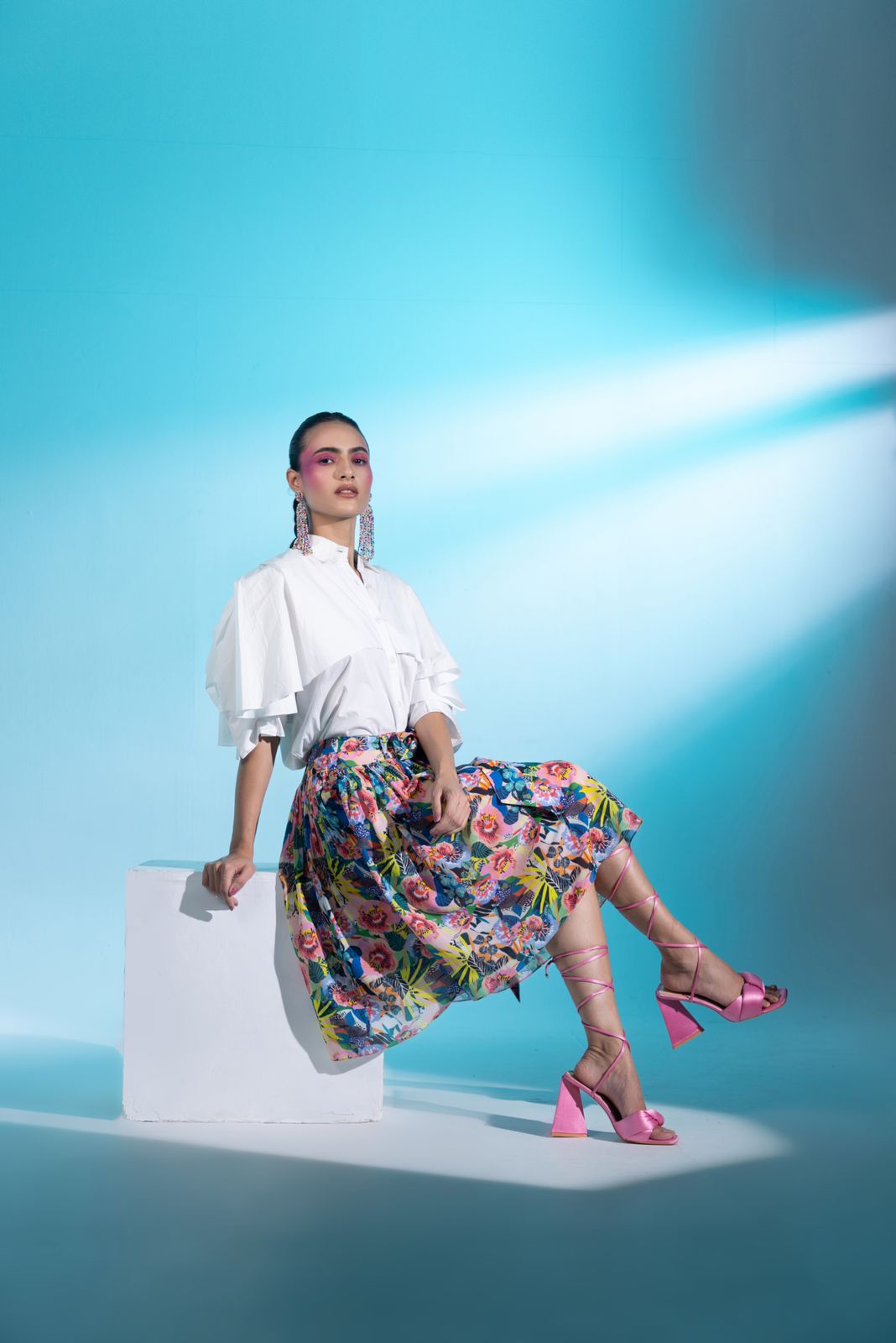 A model showcasing Jardin Joy Skirt Blouse Set by Miku Kumar from Miku Kumar's collection