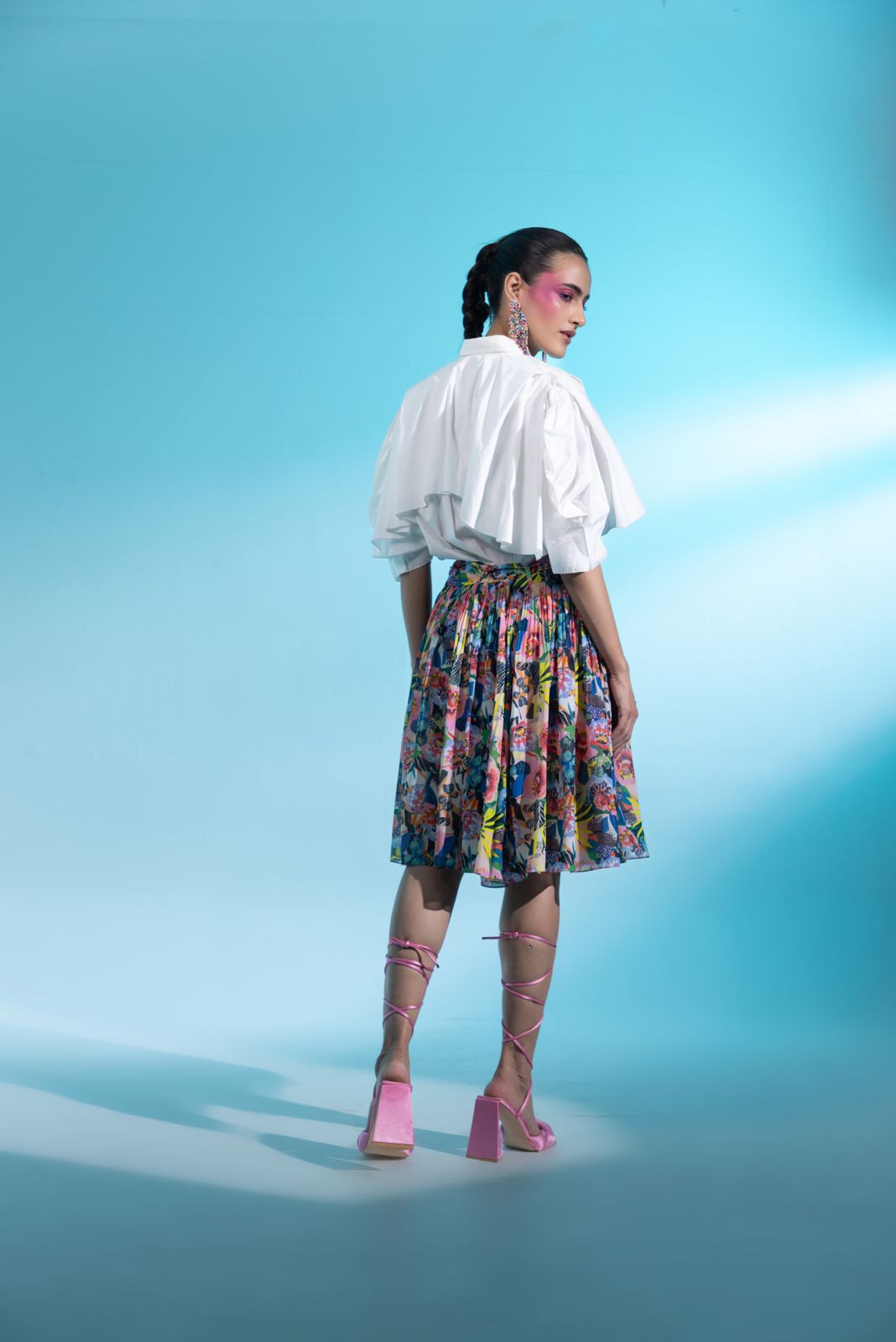 A model showcasing Jardin Joy Skirt Blouse Set by Miku Kumar from Miku Kumar's collection