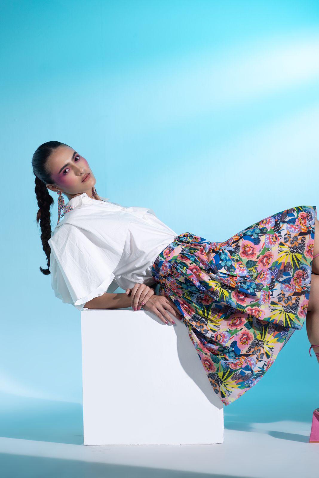 A model showcasing Jardin Joy Skirt Blouse Set by Miku Kumar from Miku Kumar's collection