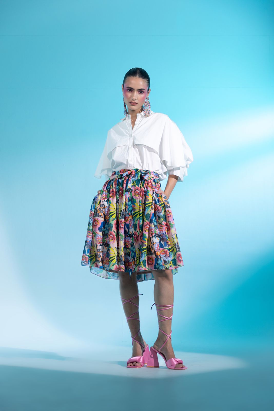 A model showcasing Jardin Joy Skirt Blouse Set by Miku Kumar from Miku Kumar's collection