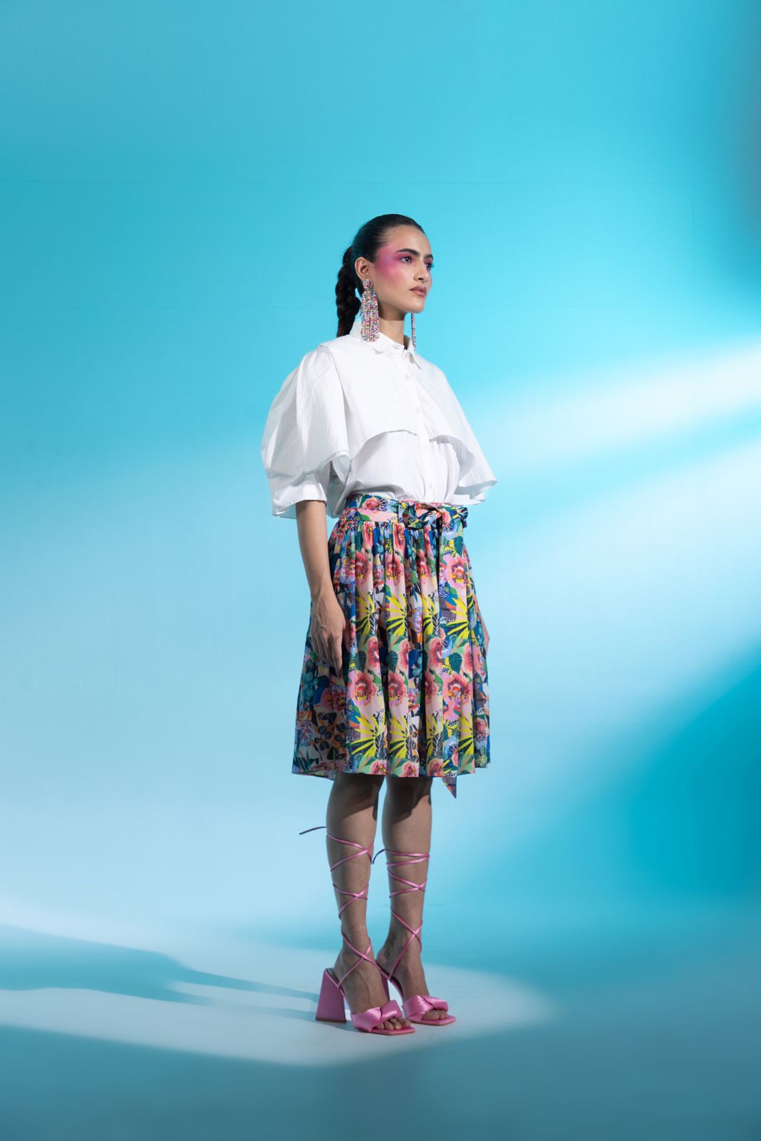 A model showcasing Jardin Joy Skirt Blouse Set by Miku Kumar from Miku Kumar's collection