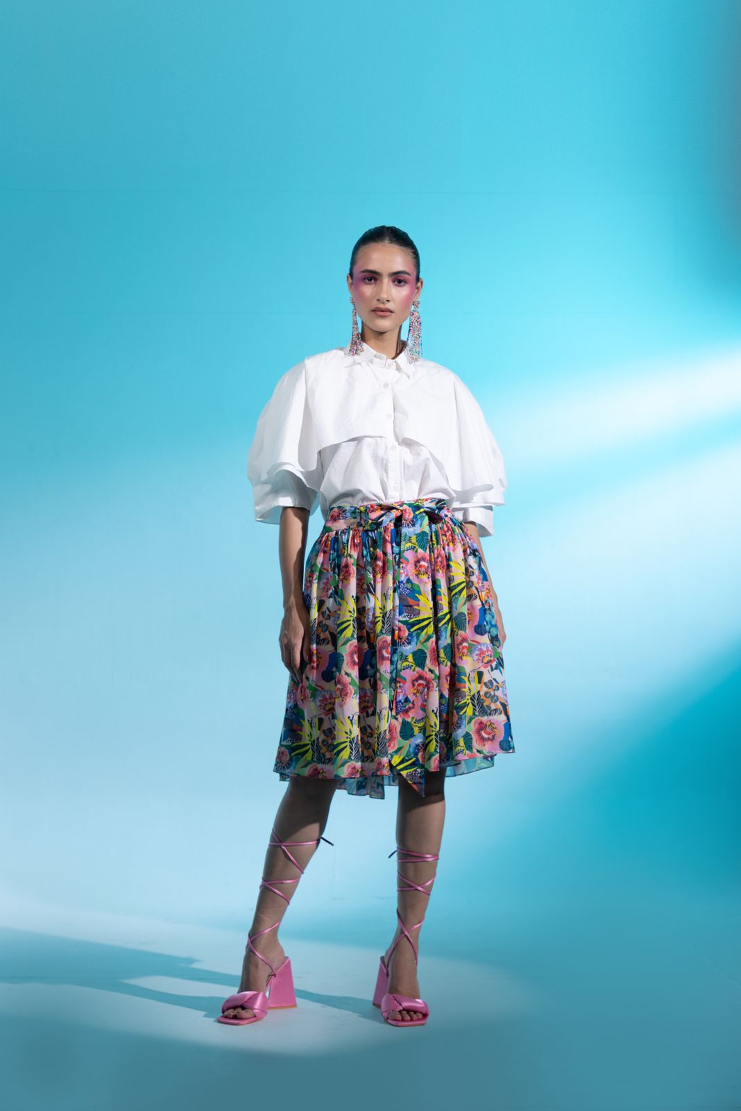 A model showcasing Jardin Joy Skirt Blouse Set by Miku Kumar from Miku Kumar's collection