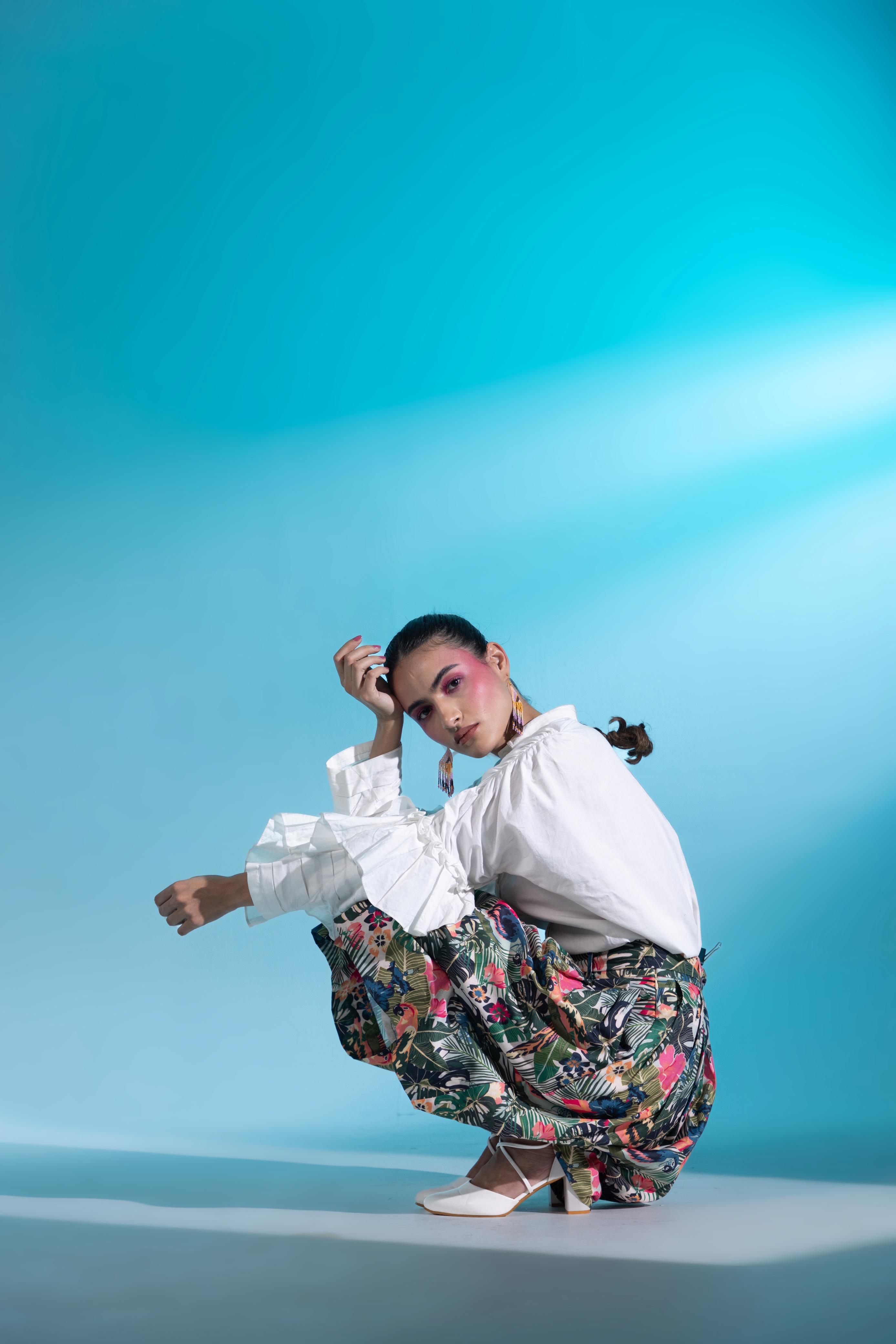 A model showcasing Amour Paris Skirt Blouse Set by Miku Kumar from Miku Kumar's collection