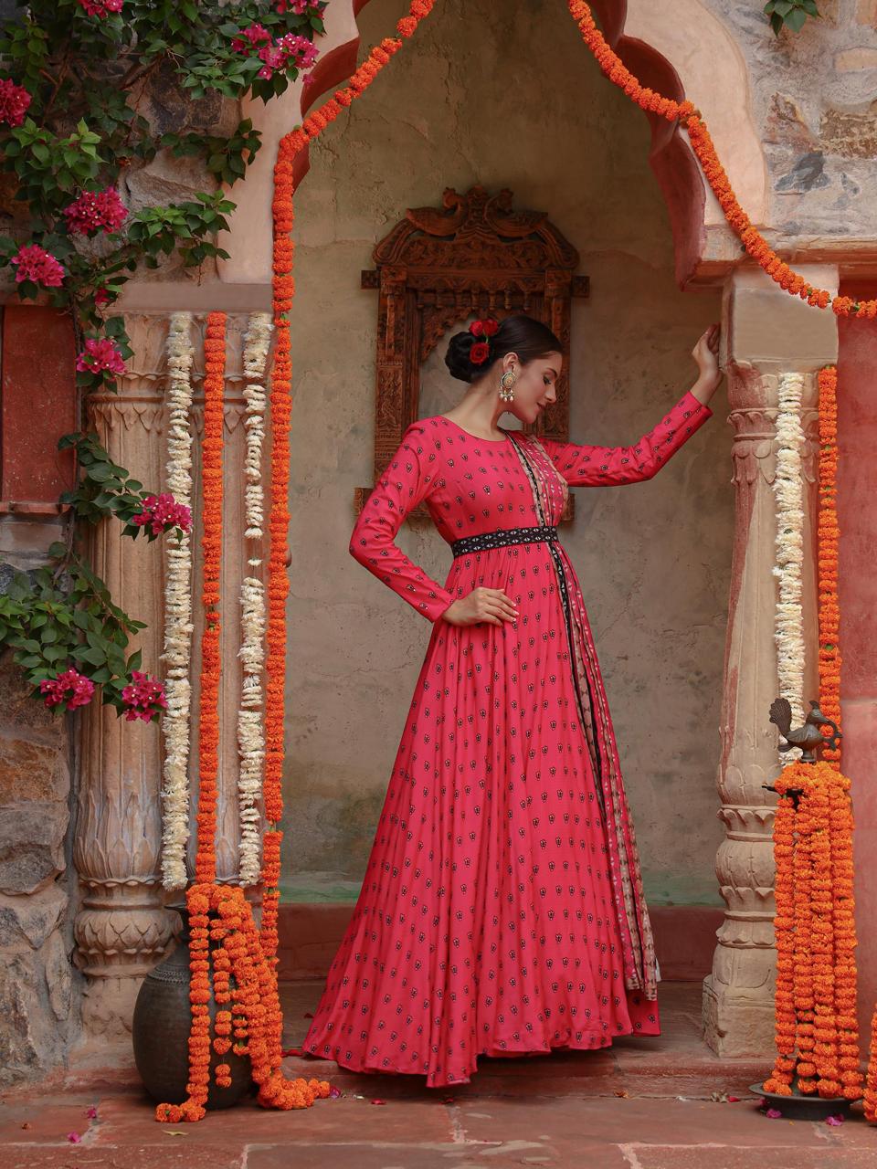 A model showcasing Divija Anarkali Set by Miku Kumar from Miku Kumar's collection